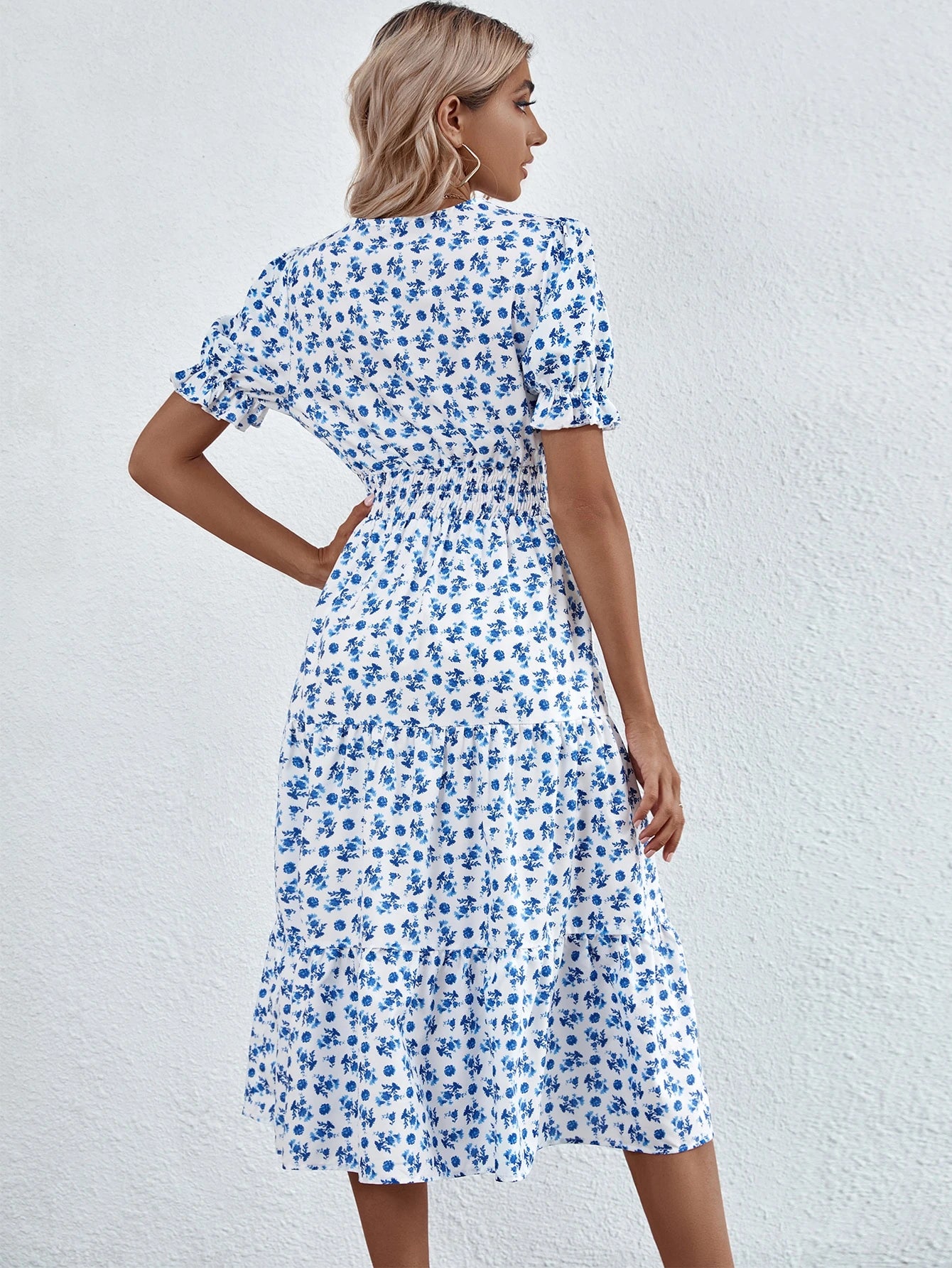 SHEIN - Floral Print Ruffle Hem Shirred A-line Dress