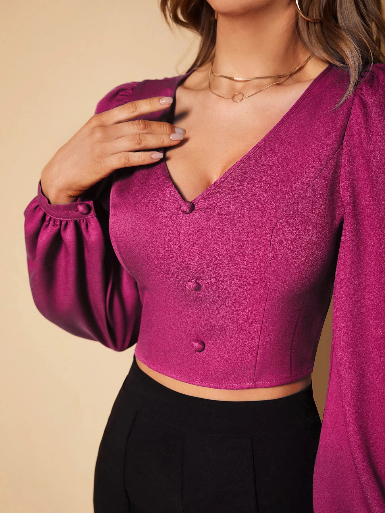 SHEIN - Lantern Sleeve Button Front Crop Top
