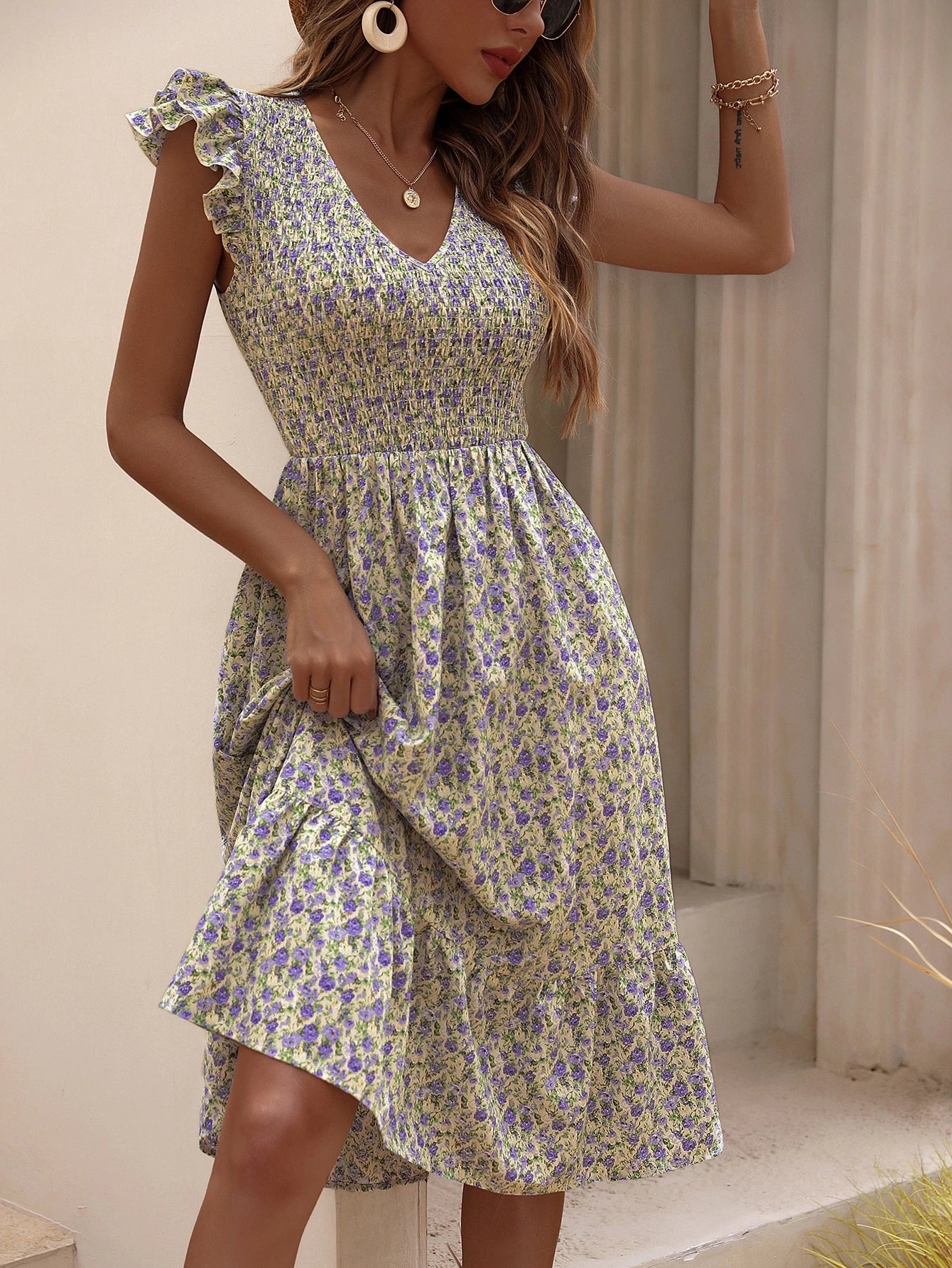 SHEIN - Floral Print Ruffle Hem Maxi Dress