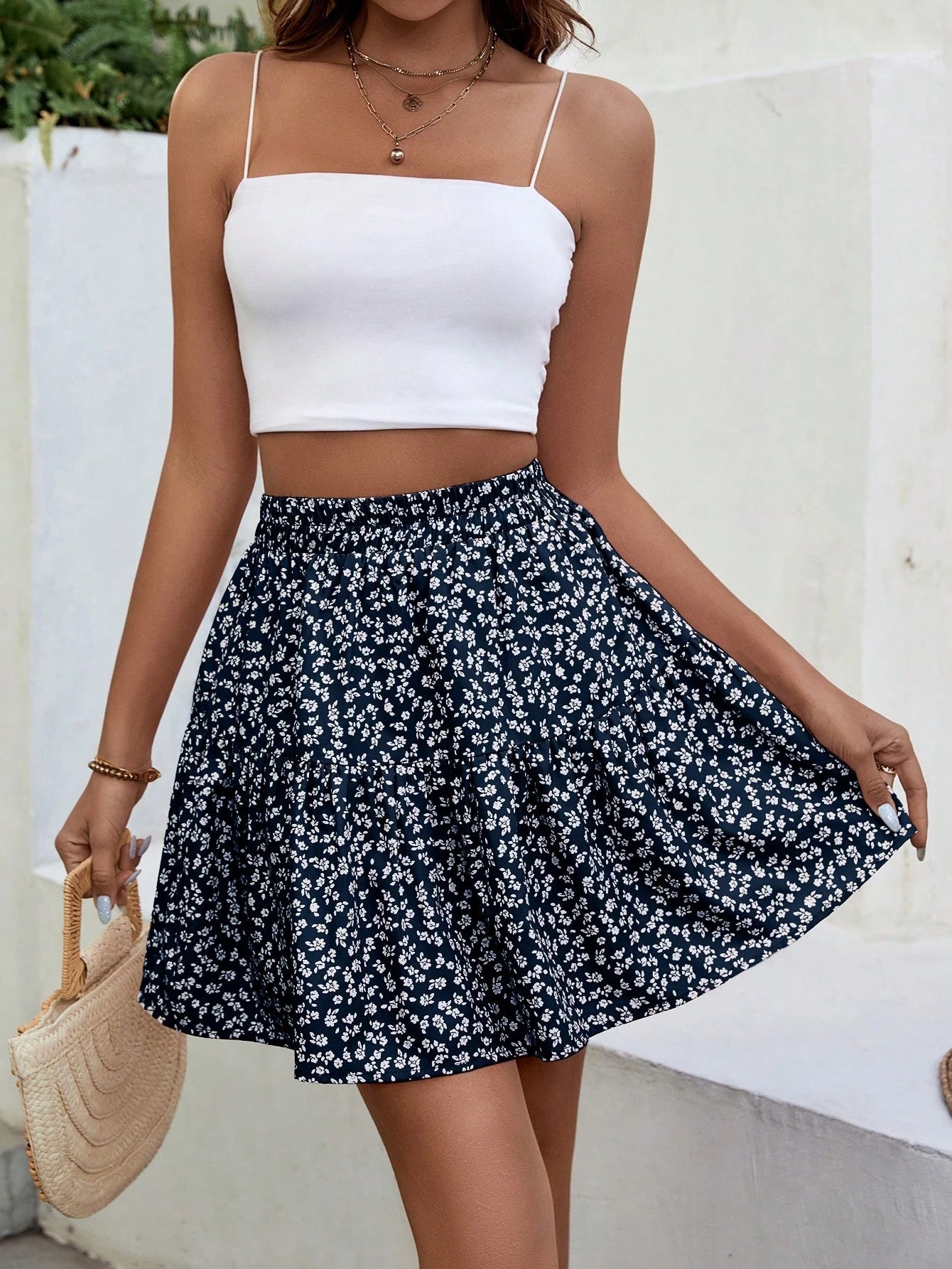 SHEIN - Floral Ruffle Hem Skirt