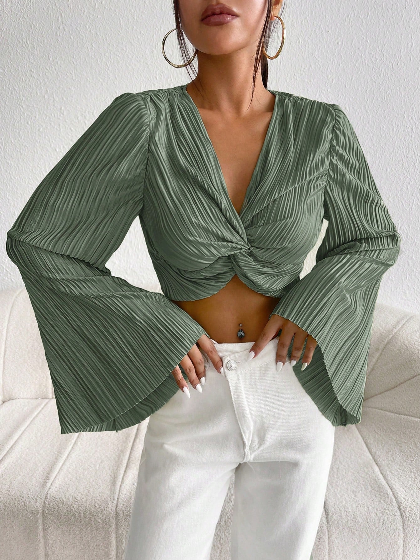 SHEIN - Pleated Front Ruffle Sleeve Crop Top