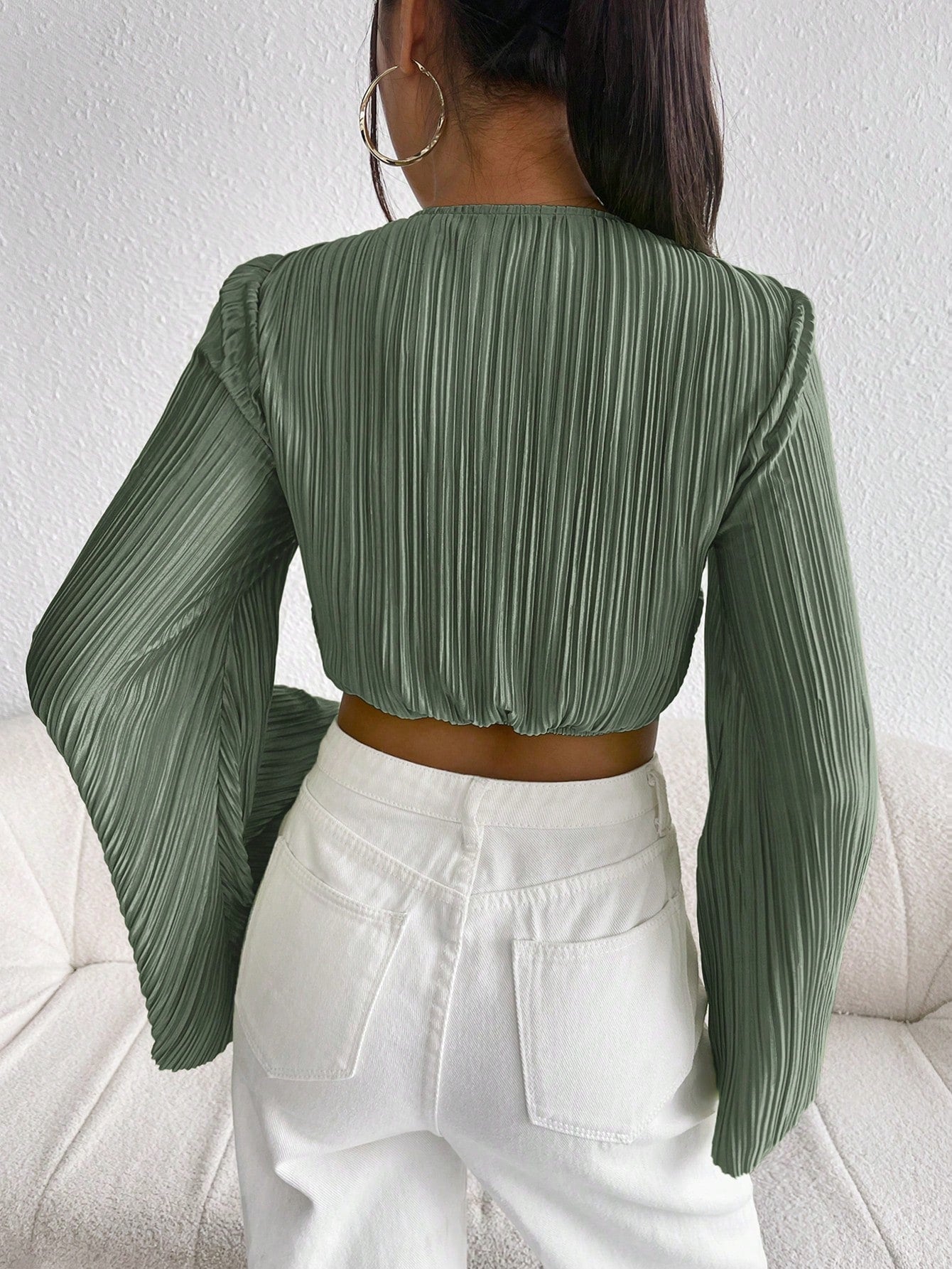 SHEIN - Pleated Front Ruffle Sleeve Crop Top