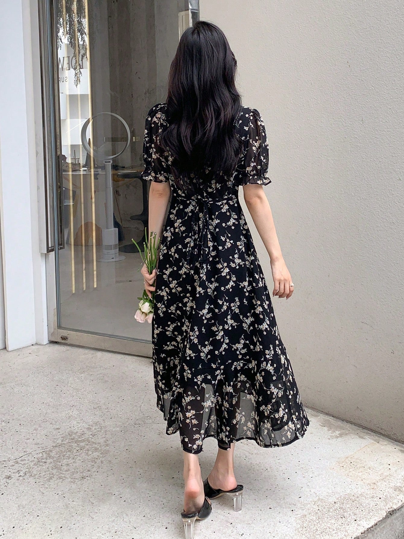 SHEIN - Floral Print Front Fringed Casual Dress