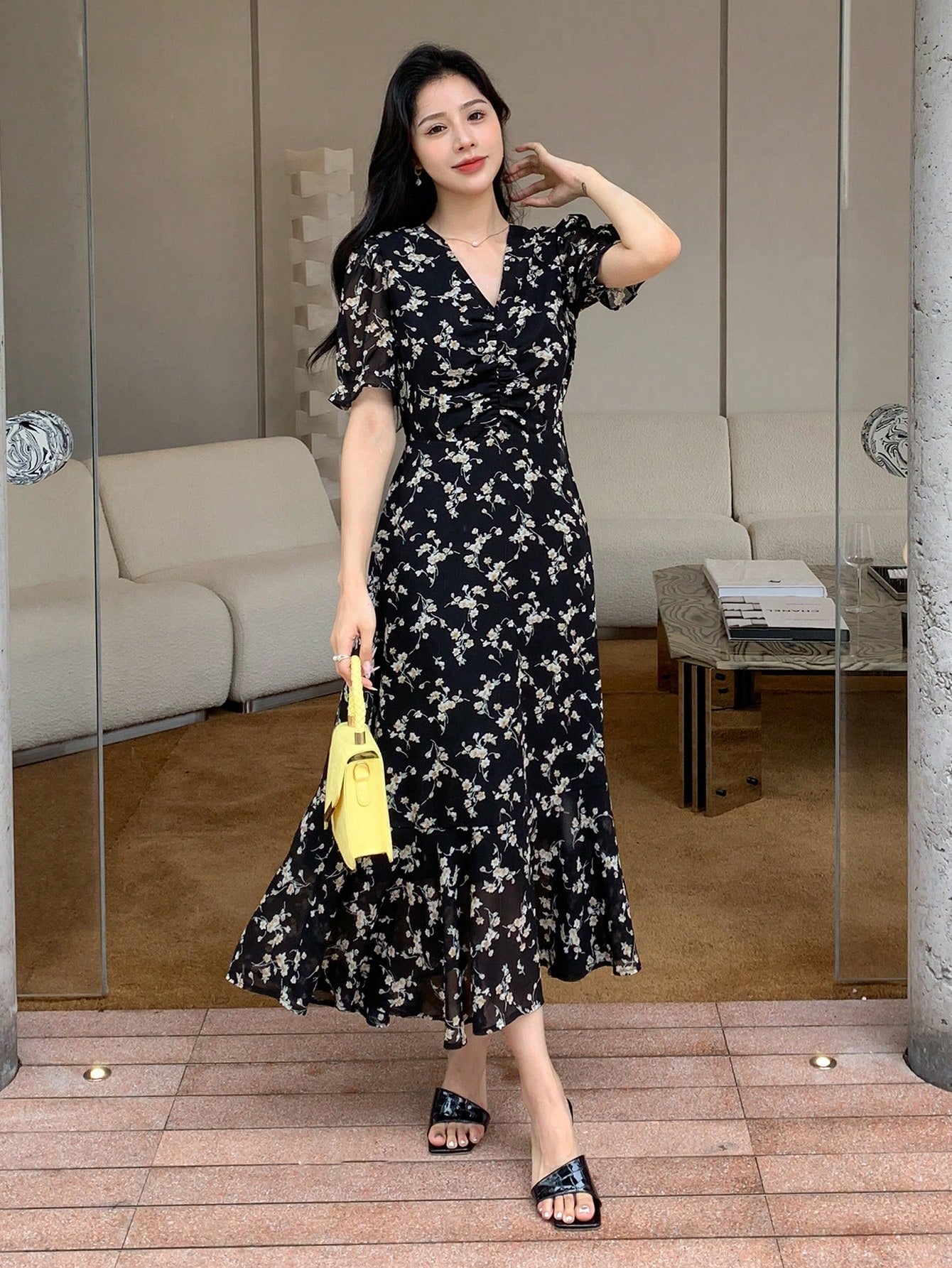 SHEIN - Floral Print Front Fringed Casual Dress