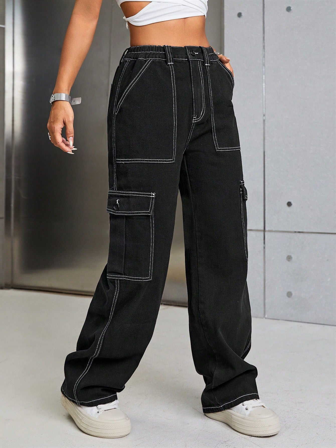 SHEIN - Top-stitching Flap Pocket Side Cargo Jeans