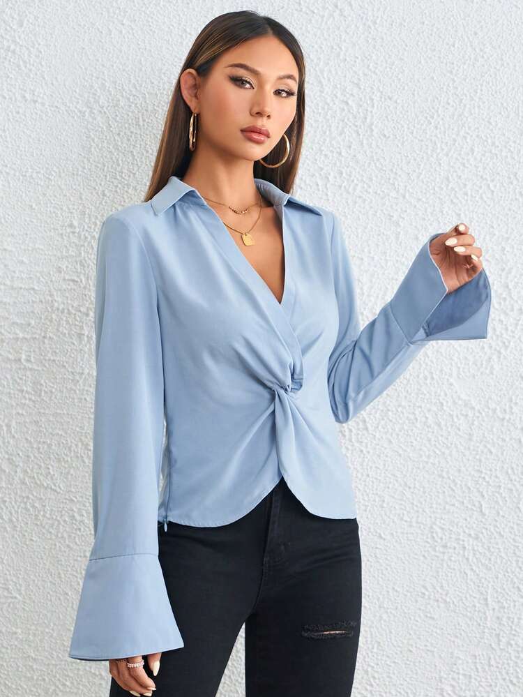 SHEIN - Twist Front Split Flare Sleeve Top