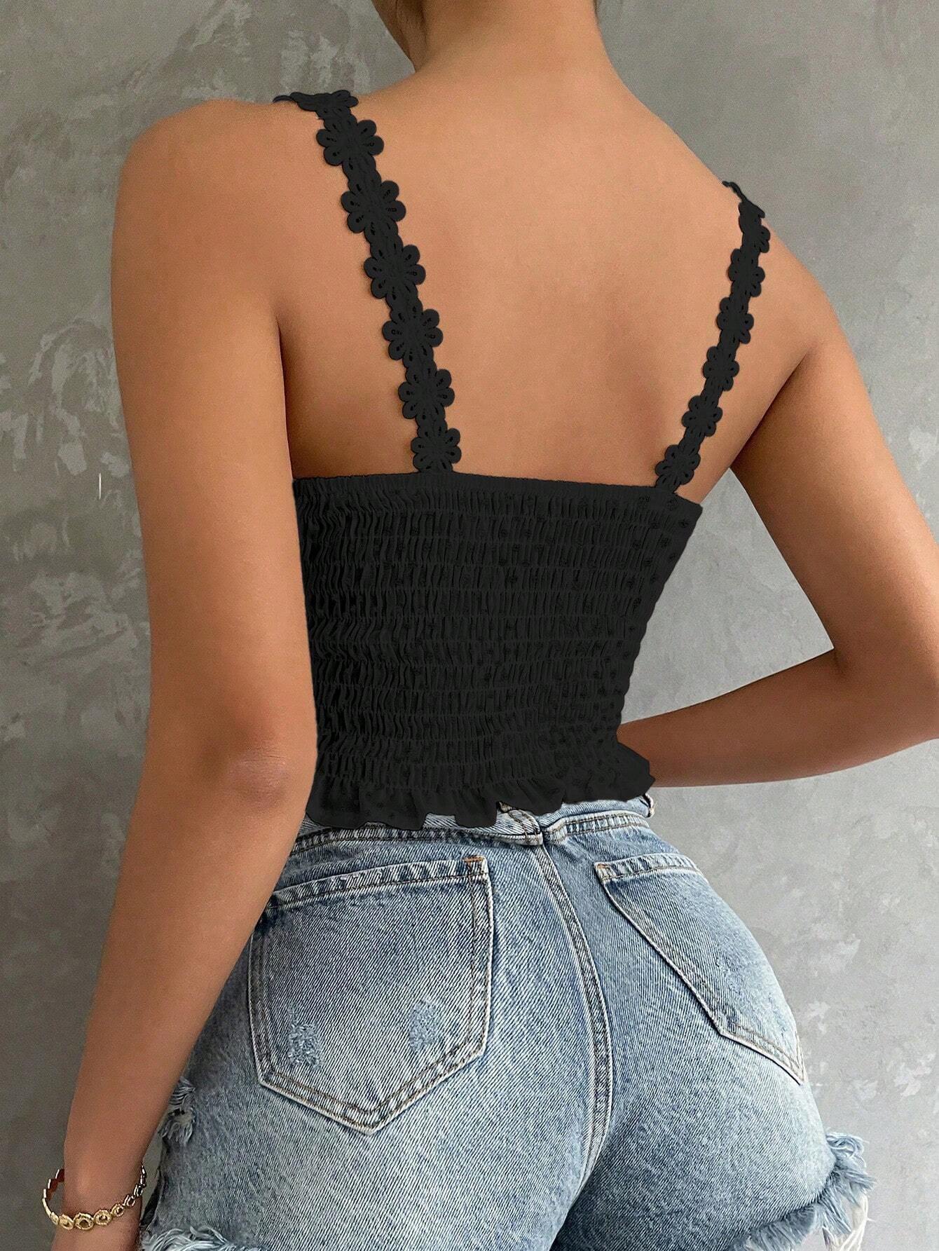 SHEIN - LUNE Solid Perforated Embroidered Slim Fit Blouse