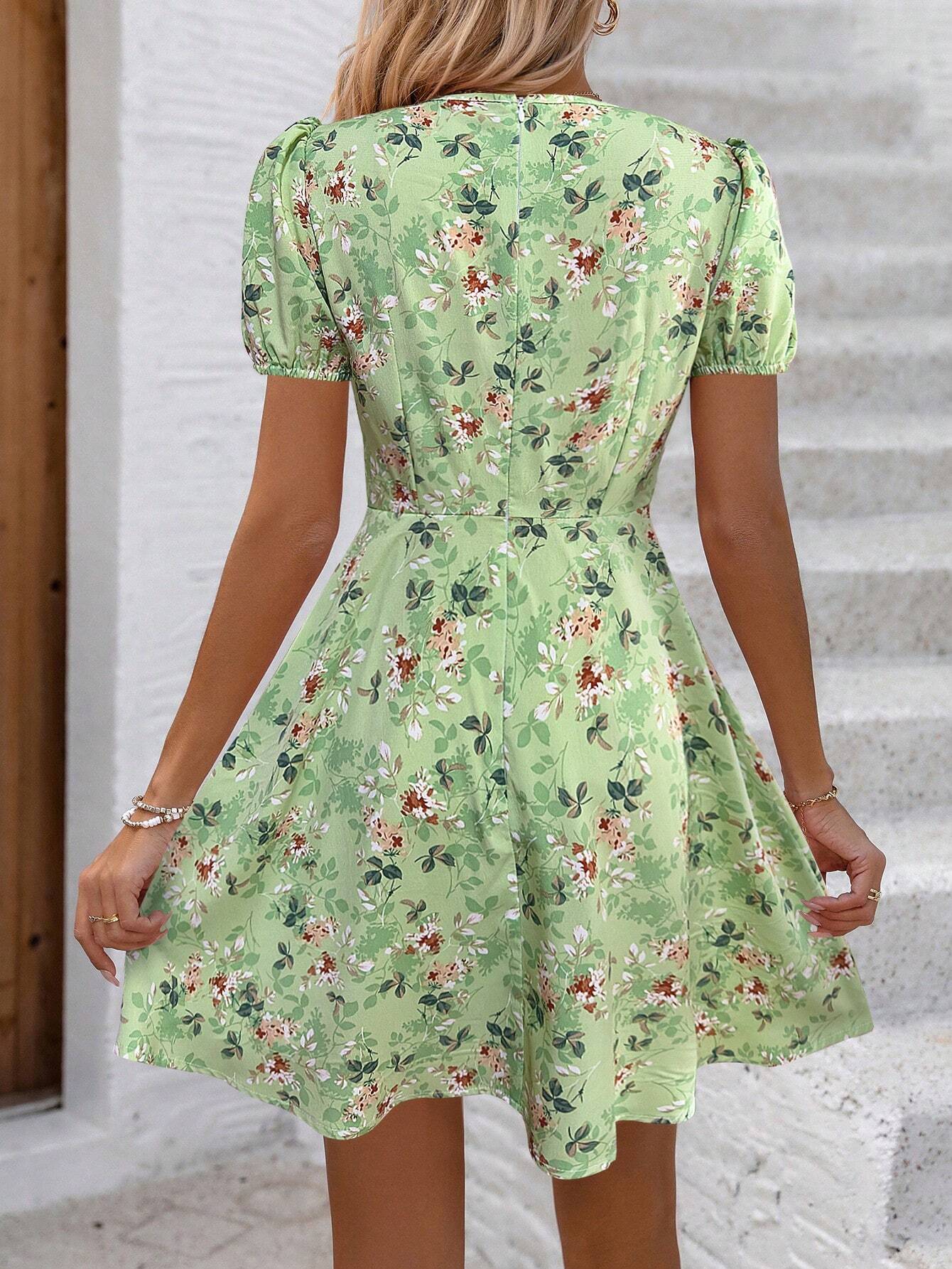 SHEIN - Floral V-Neck Short Puff Sleeve Casual Dress