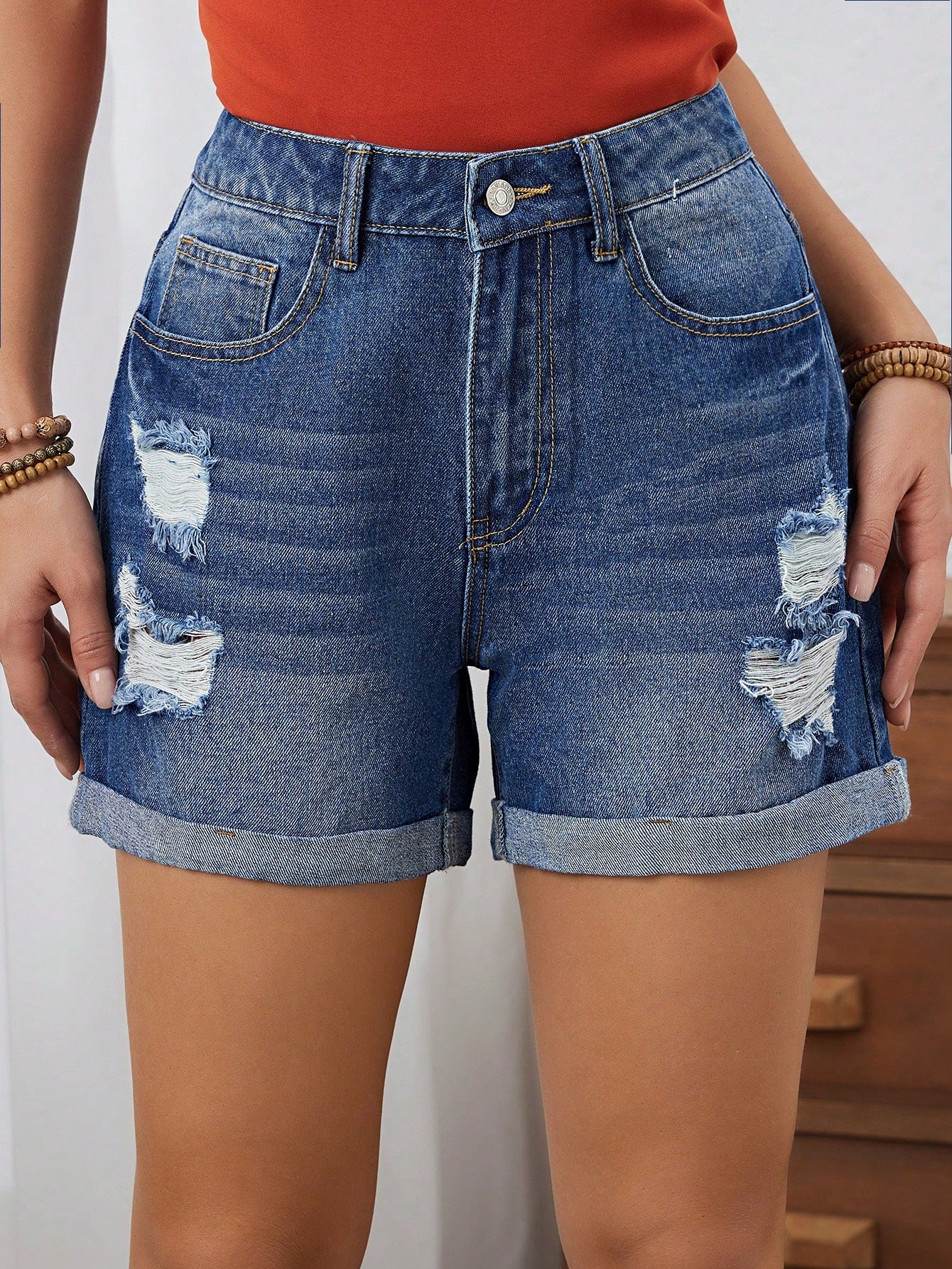 SHEIN - Distressed Cuffed Denim Shorts