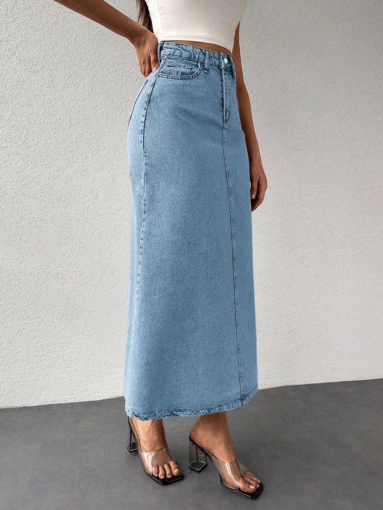 SHEIN - High Waisted Plain Straight Denim Skirt