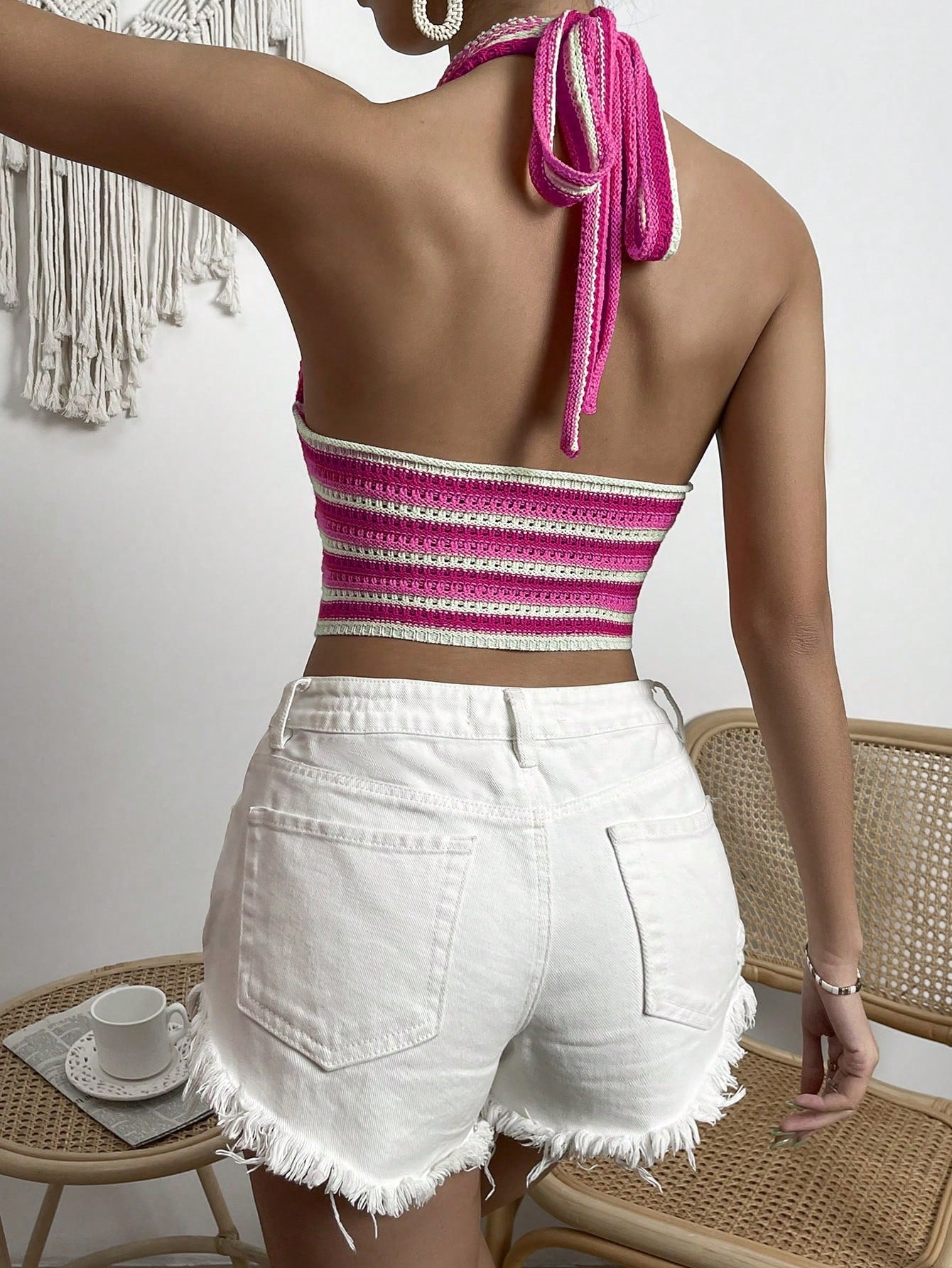 SHEIN - Striped Hollow-Out Knit Top