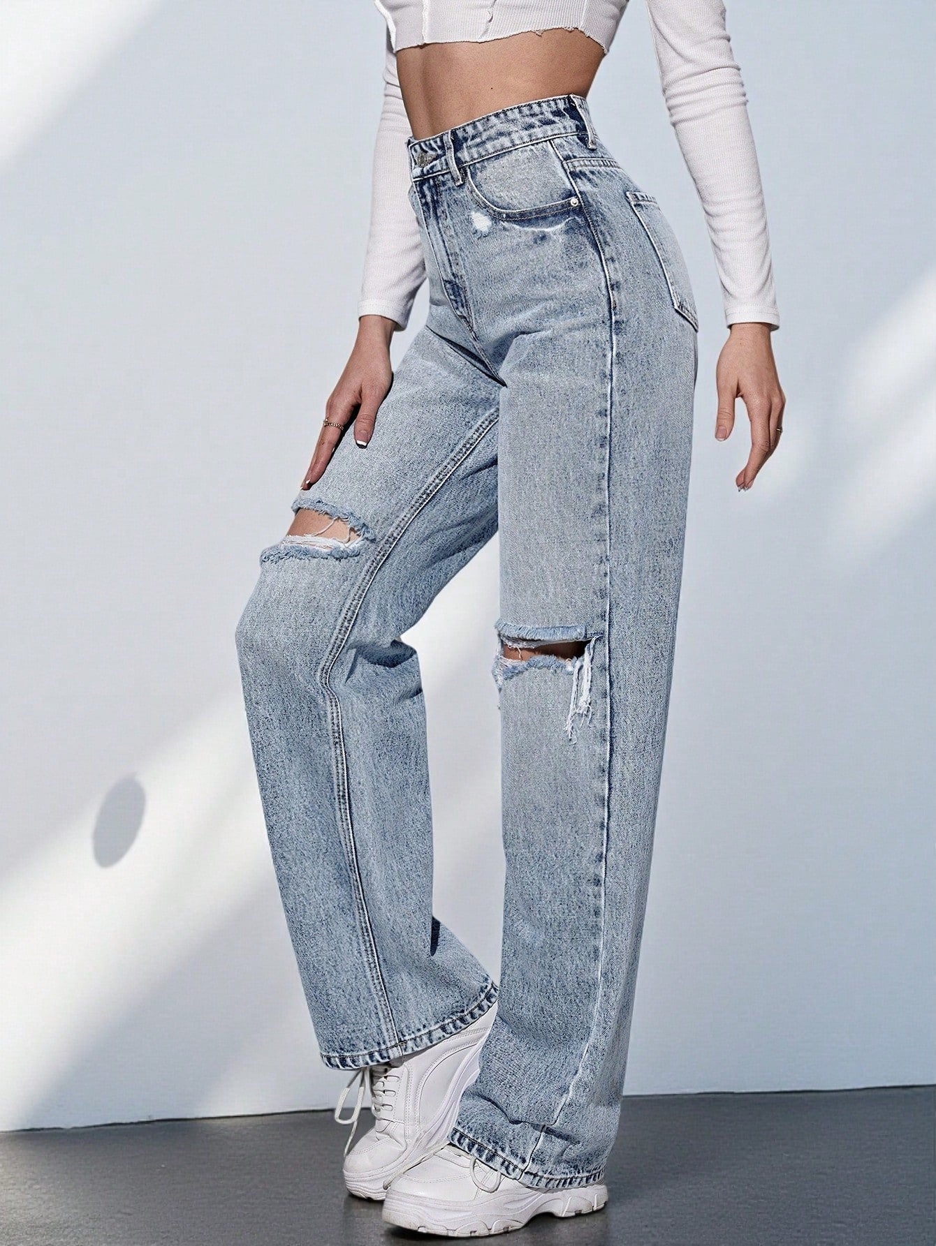 SHEIN - High Waist Ripped Wide Leg Jeans