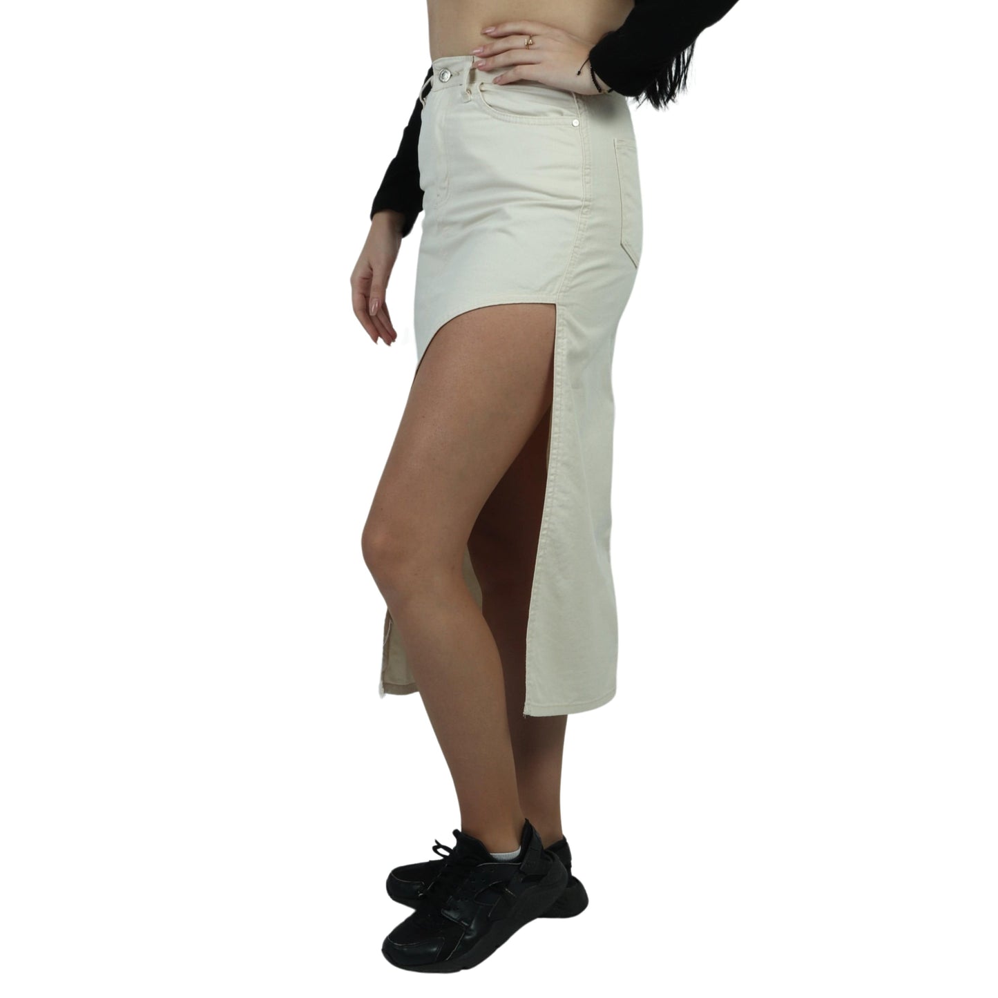 777 PLUS DENIM Womens Bottoms M / Beige 777 PLUS DENIM - Side-Slit Denim Skirt