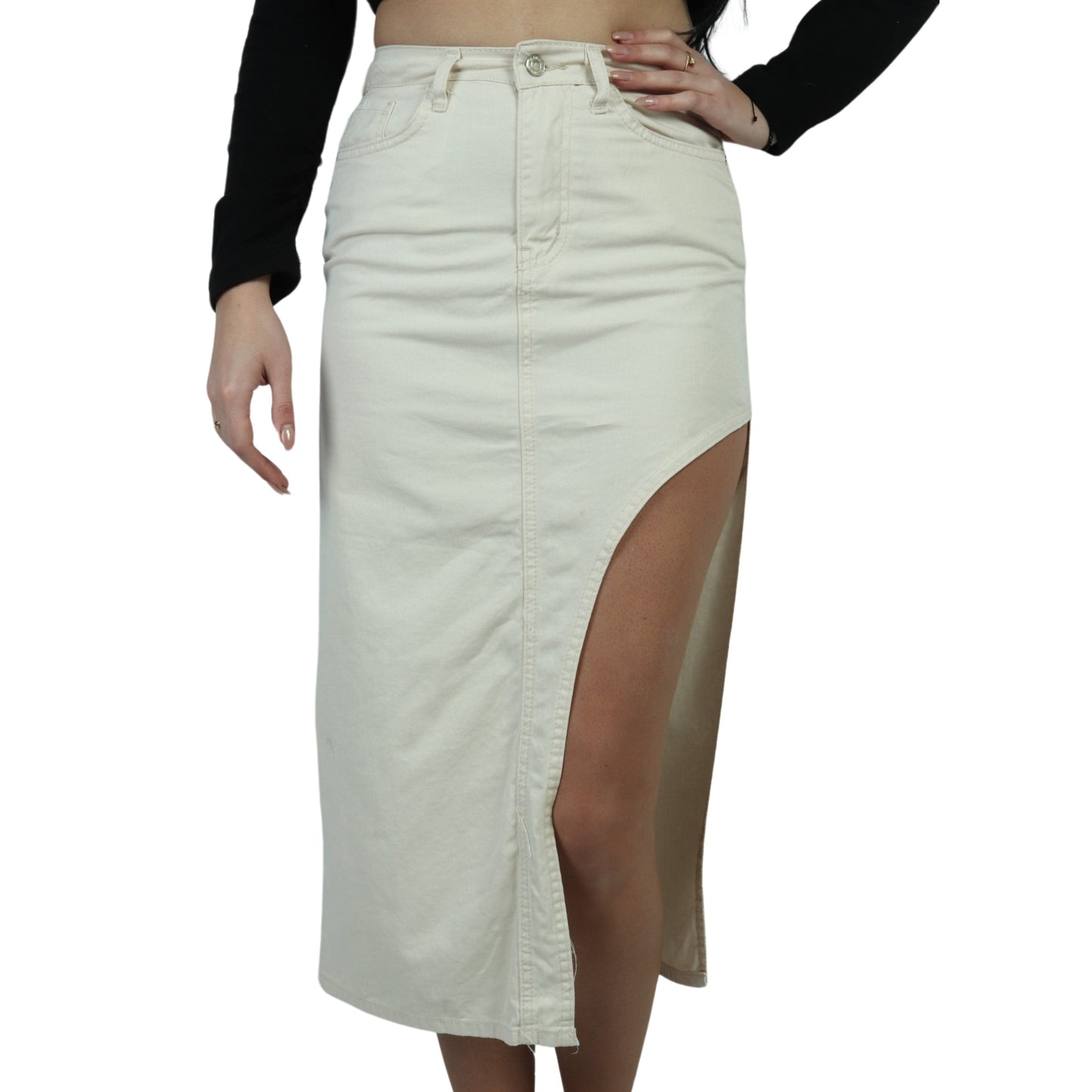 777 PLUS DENIM Womens Bottoms M / Beige 777 PLUS DENIM - Side-Slit Denim Skirt