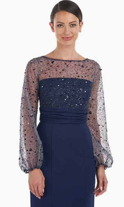 JS COLLECTIONS - Embellished Mesh Balloon-Sleeve Gown