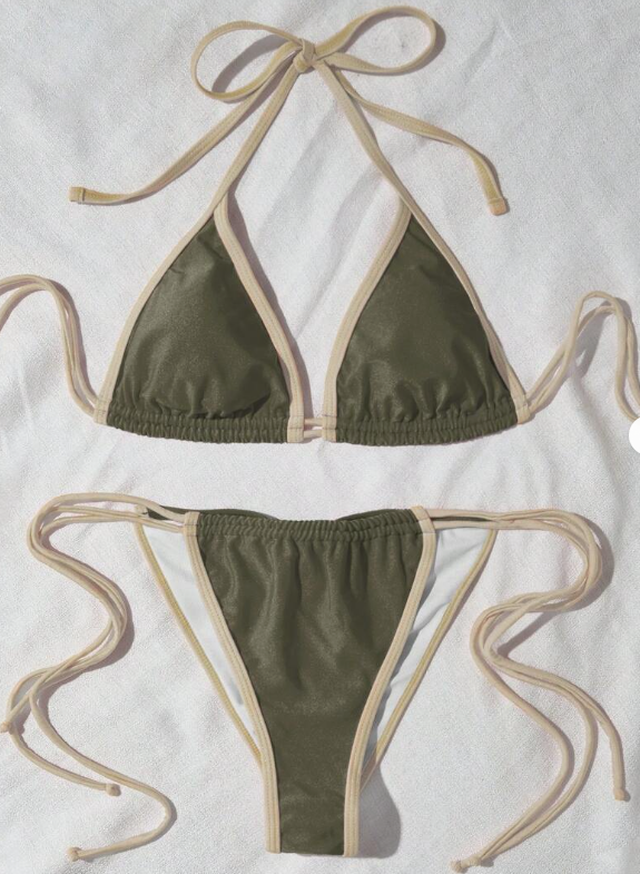 SHEIN - Contrast Binding Halter Triangle Swimwear Two Pieces