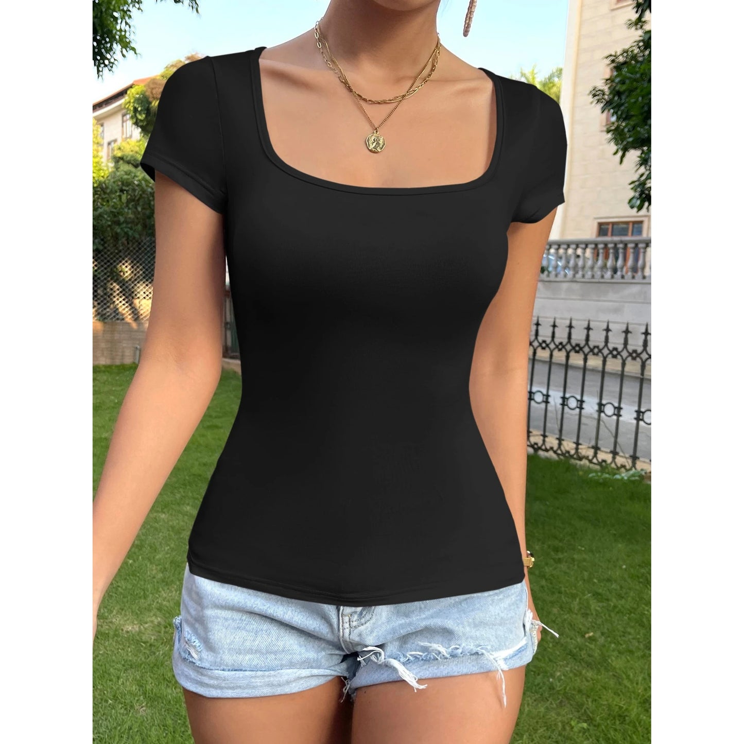 SHEIN - Solid Color Square Neck T-Shirt