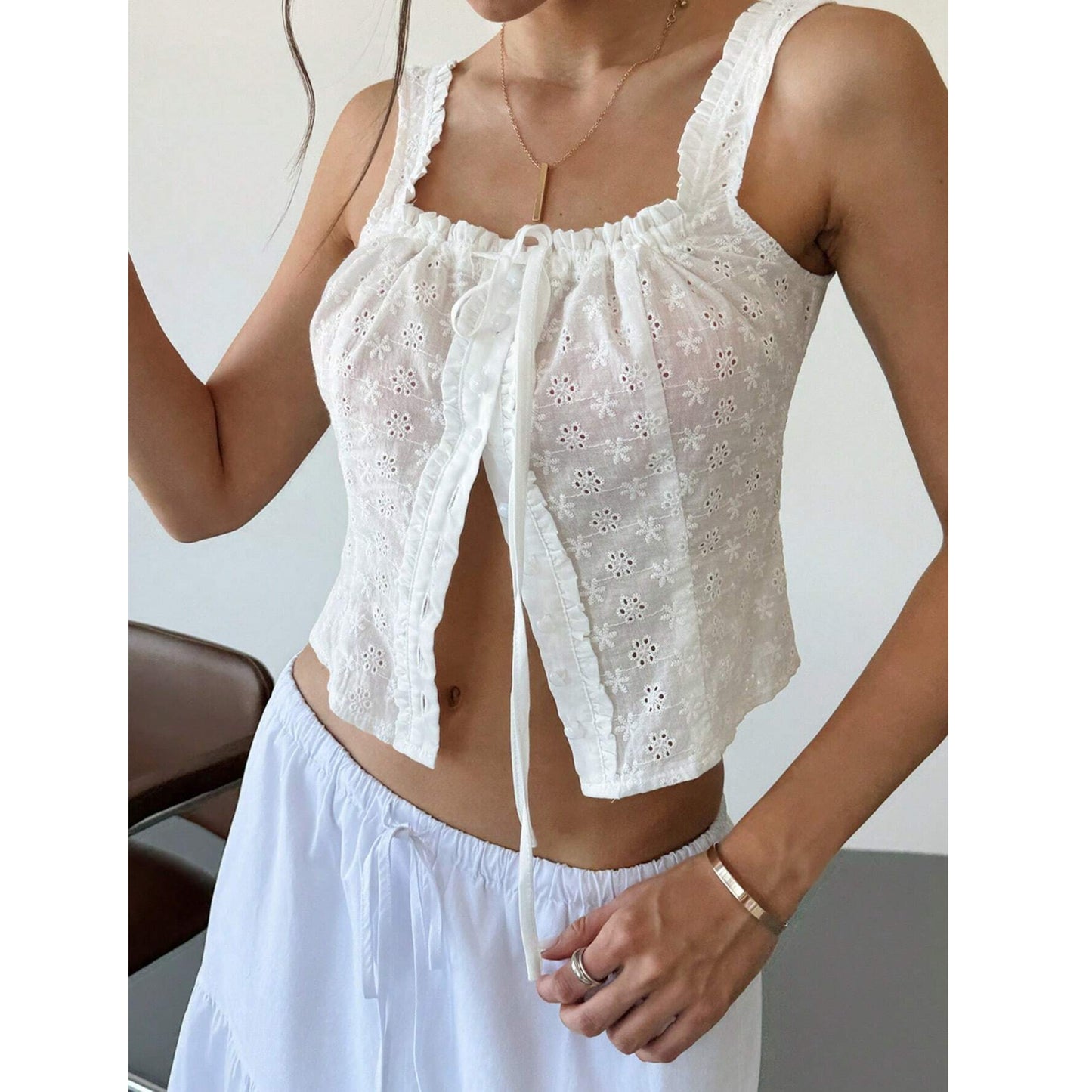 SHEIN - Sweet Lace Hollow Out Strappy Tank Top