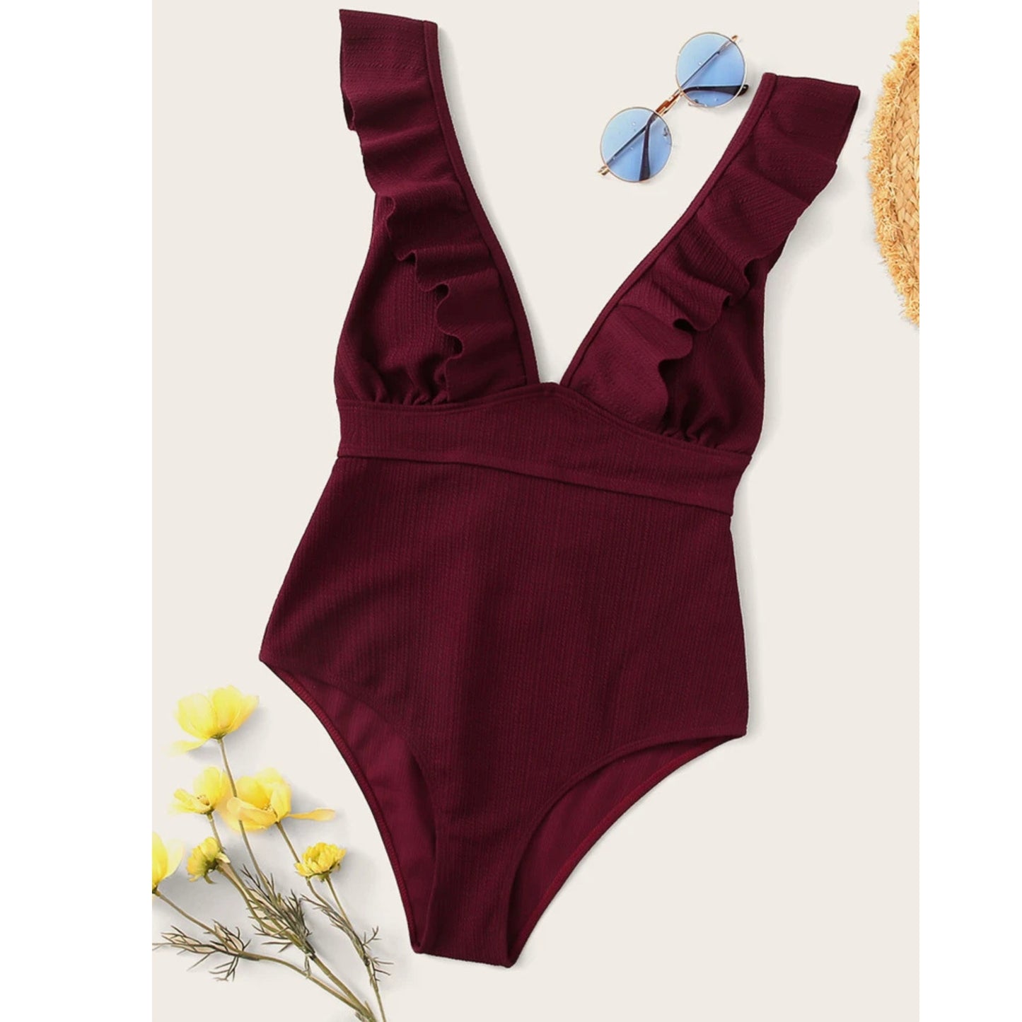 SHEIN - Ruffle Trim Lace Up One Piece ribbed Swimsuit