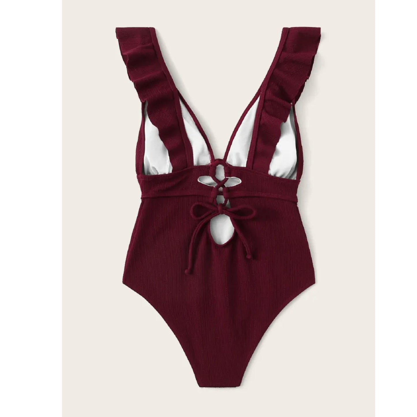 SHEIN - Ruffle Trim Lace Up One Piece ribbed Swimsuit