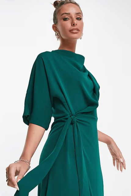 ASOS Womens Dress XS / Green ASOS - Cowl Neck Midi Dress With Wrap Skirt