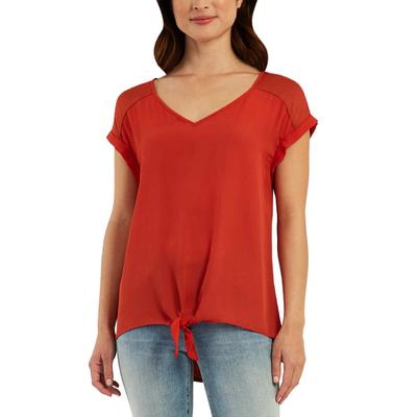 BCX Womens Tops XS / Orange BCX - Mixed-Media Tie-Hem Top