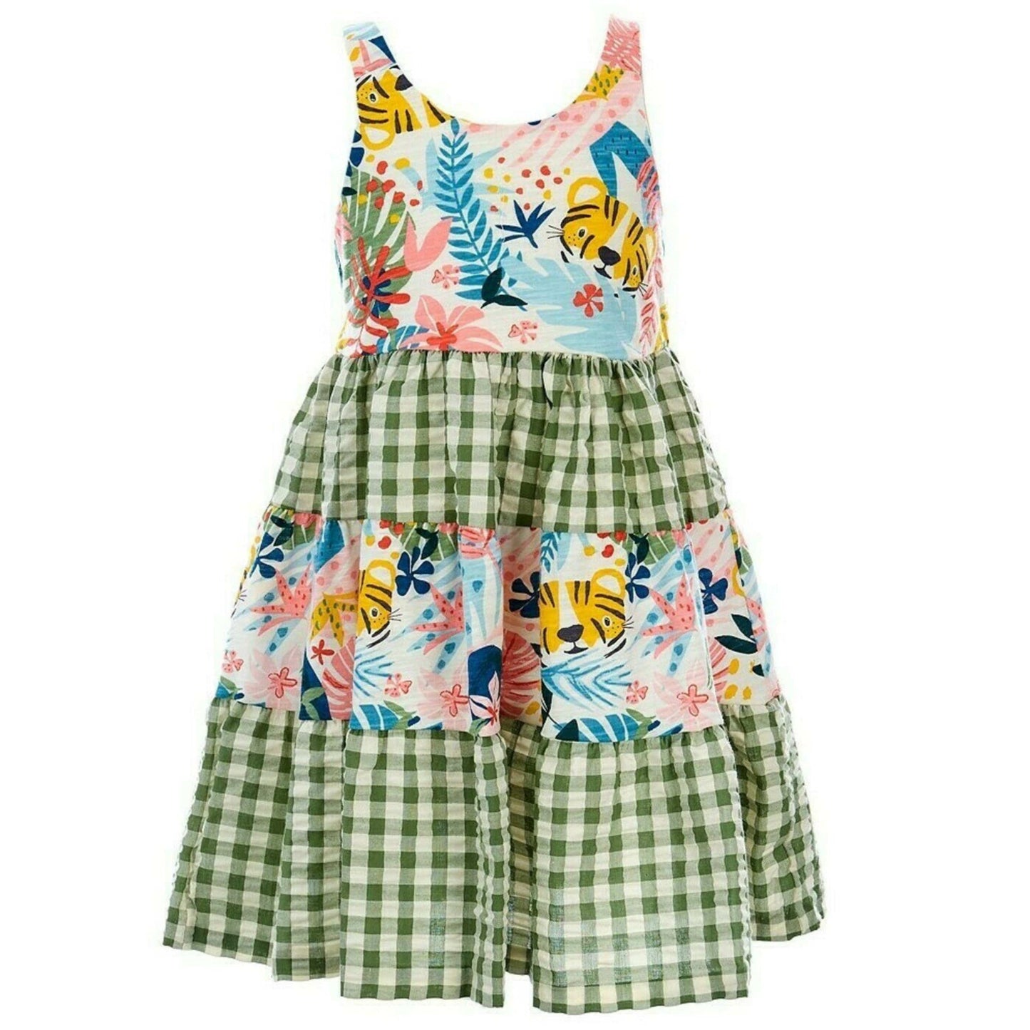 BONNIE BABY Baby Girl 1 Year / Multi-Color BONNIE BABY - Baby - Sleeveless Tiered Mixed Tropical Print and Seersucker Check Dress