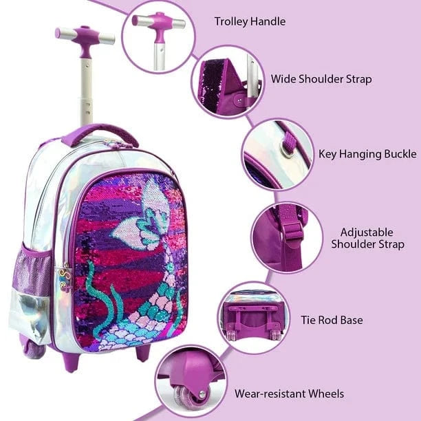 BRANDS & BEYOND School Bags Multi-Color Mermaid Rolling Backpack With Wheels School Bags