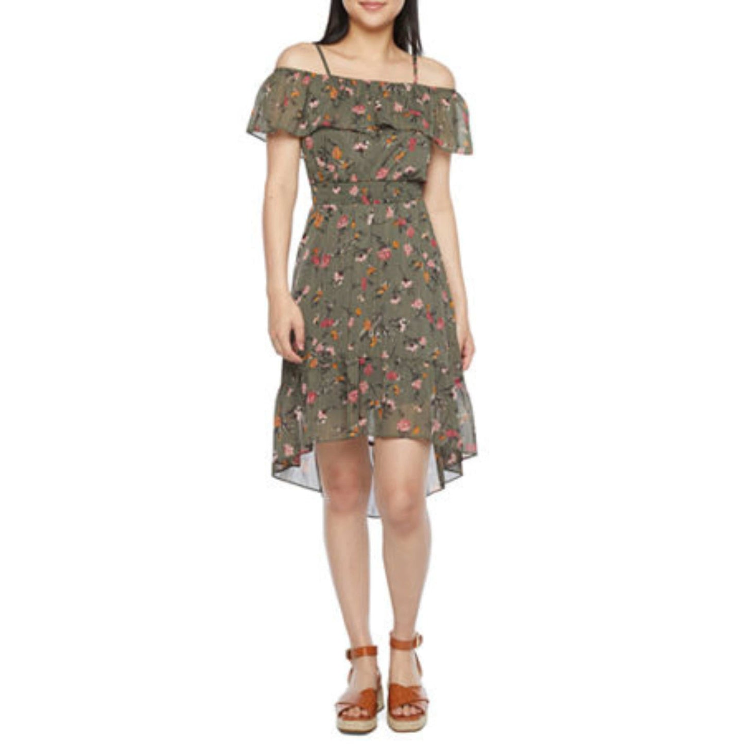 BY & BY Womens Dress S / Green BY & BY - Short Sleeve Floral High-Low Fit & Flare Dress