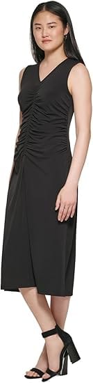CALVIN KLEIN Womens Dress M / Black CALVIN KLEIN - Ruched Sleeveless Sheath Dress