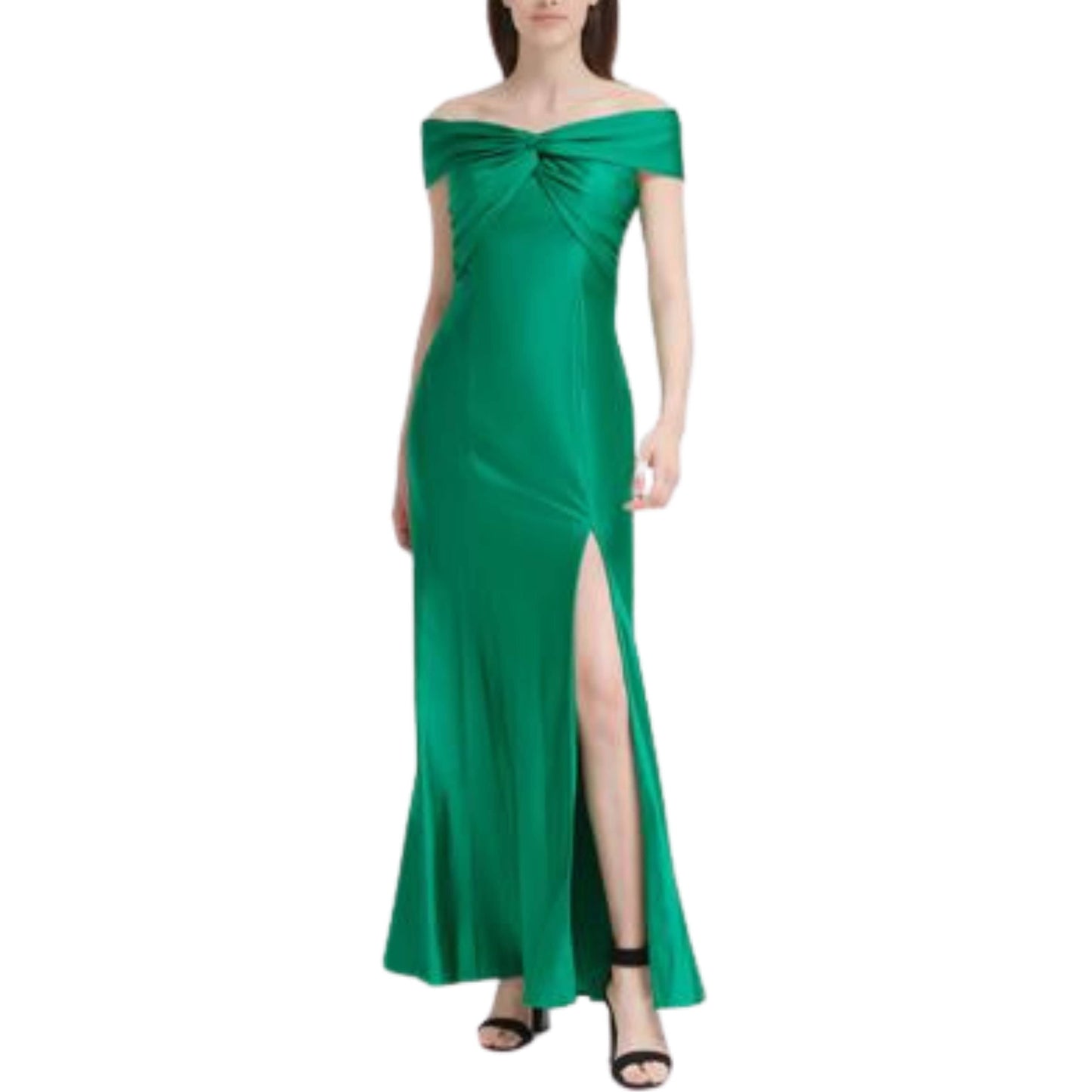 CALVIN KLEIN Womens Dress L / Green CALVIN KLEIN - Zippered Slitted Twist-front Lined Short Sleeve Off Shoulder Dress