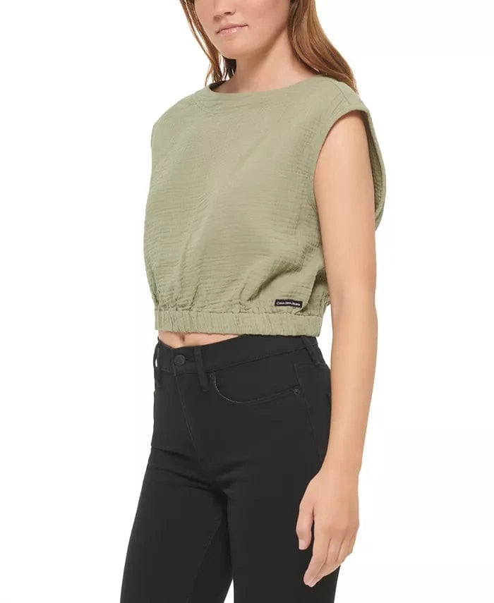 CALVIN KLEIN Womens Tops CALVIN KLEIN - Cotton Crepe Gauze Cropped Tank Top