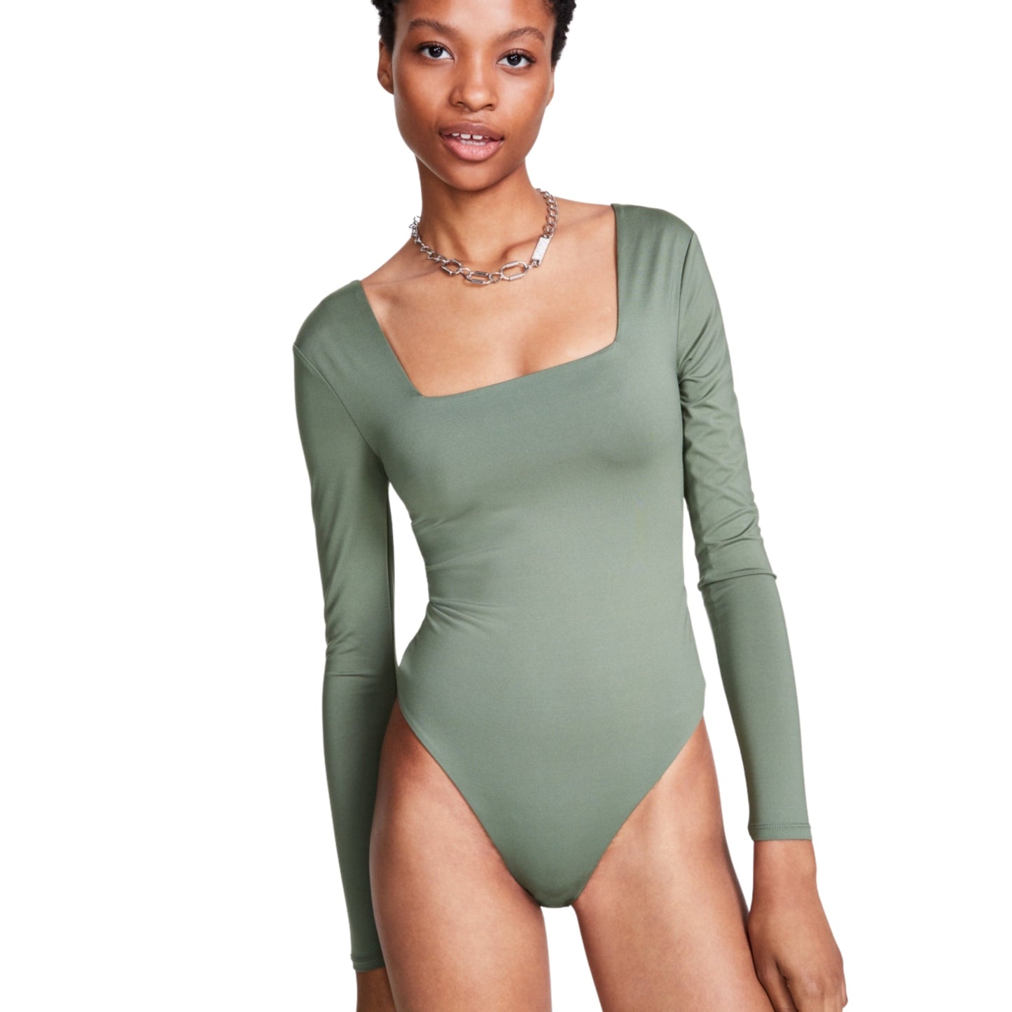 CRAVE FAME Womens Tops M / Green CRAVE FAME - Square Neck Thong Bodysuit
