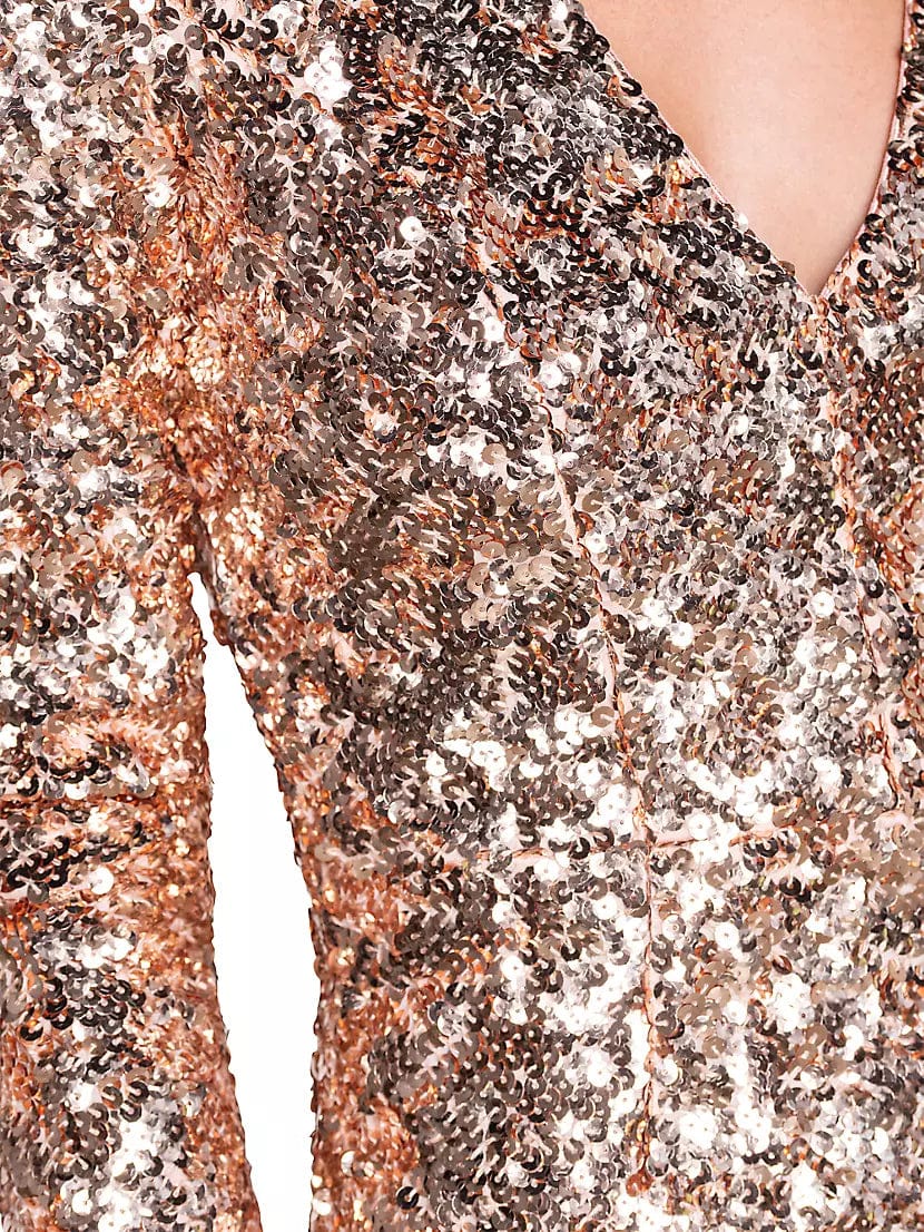 DRESS THE POPULATION Womens Dress S / Gold POPULATION - Sequined Deep V Cocktail and Party Dress