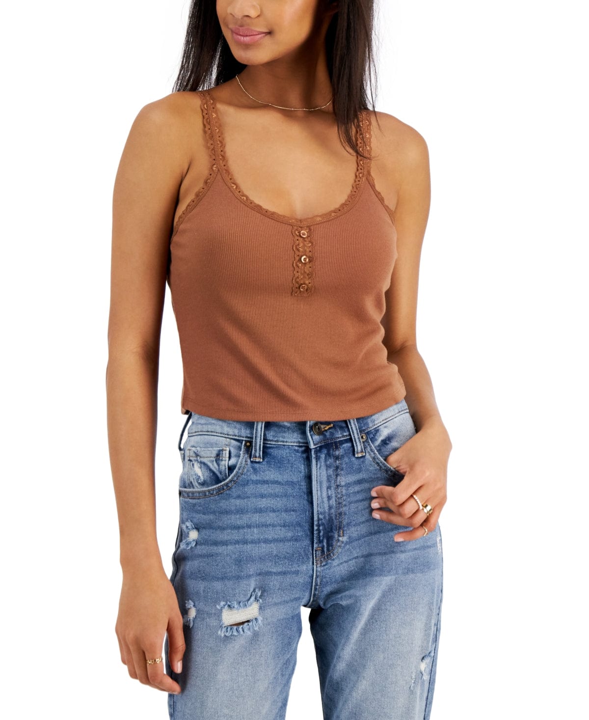 HIPPIE ROSE Womens Tops M / Brown HIPPIE ROSE - Juniors' Ribbed Henley Tank Top