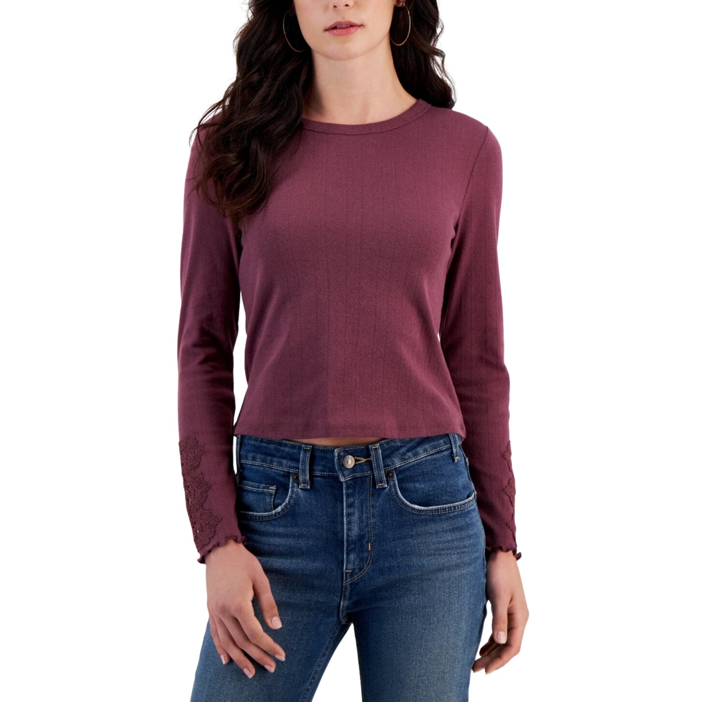 HIPPIE ROSE Womens Tops HIPPIE ROSE - Lace-Trim Long-Sleeve Top