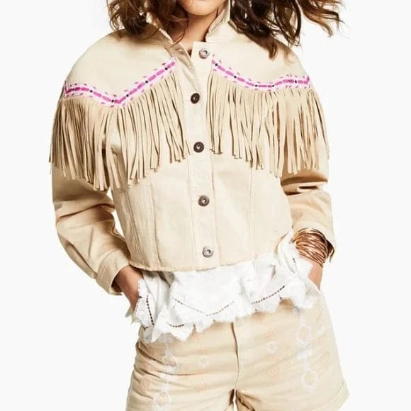 INC INTERNATIONAL CONCEPTS Womens Jackets L / Beige INC - Luxe Fringe-Trim Denim Jacket