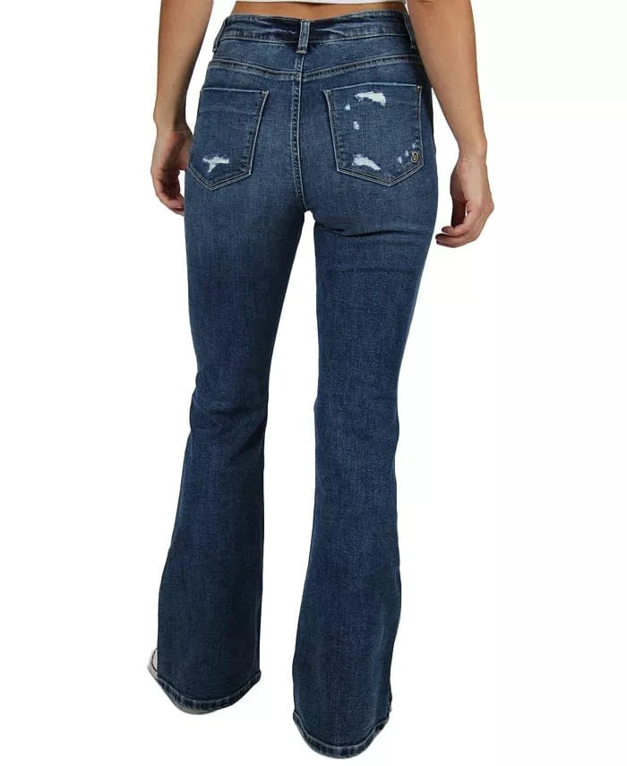 INDIGO REIN Womens Bottoms INDIGO REIN - Distressed Button-Fly Flare-Leg Jeans