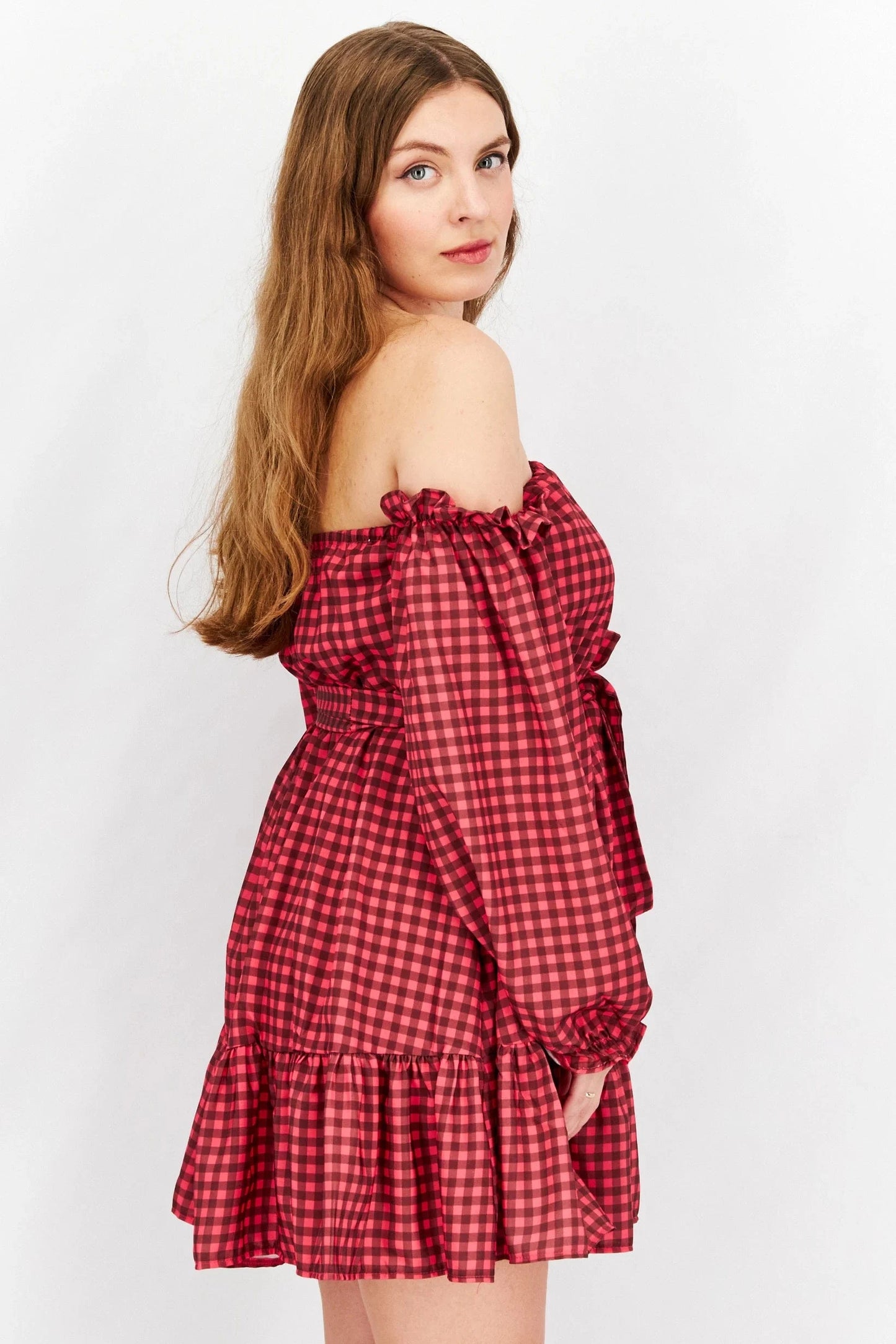 JOHN ZACK Womens Dress Petite S / Multi-Color JOHN ZACK - Off Shoulder Gingham Pattern Belted Mini Dress