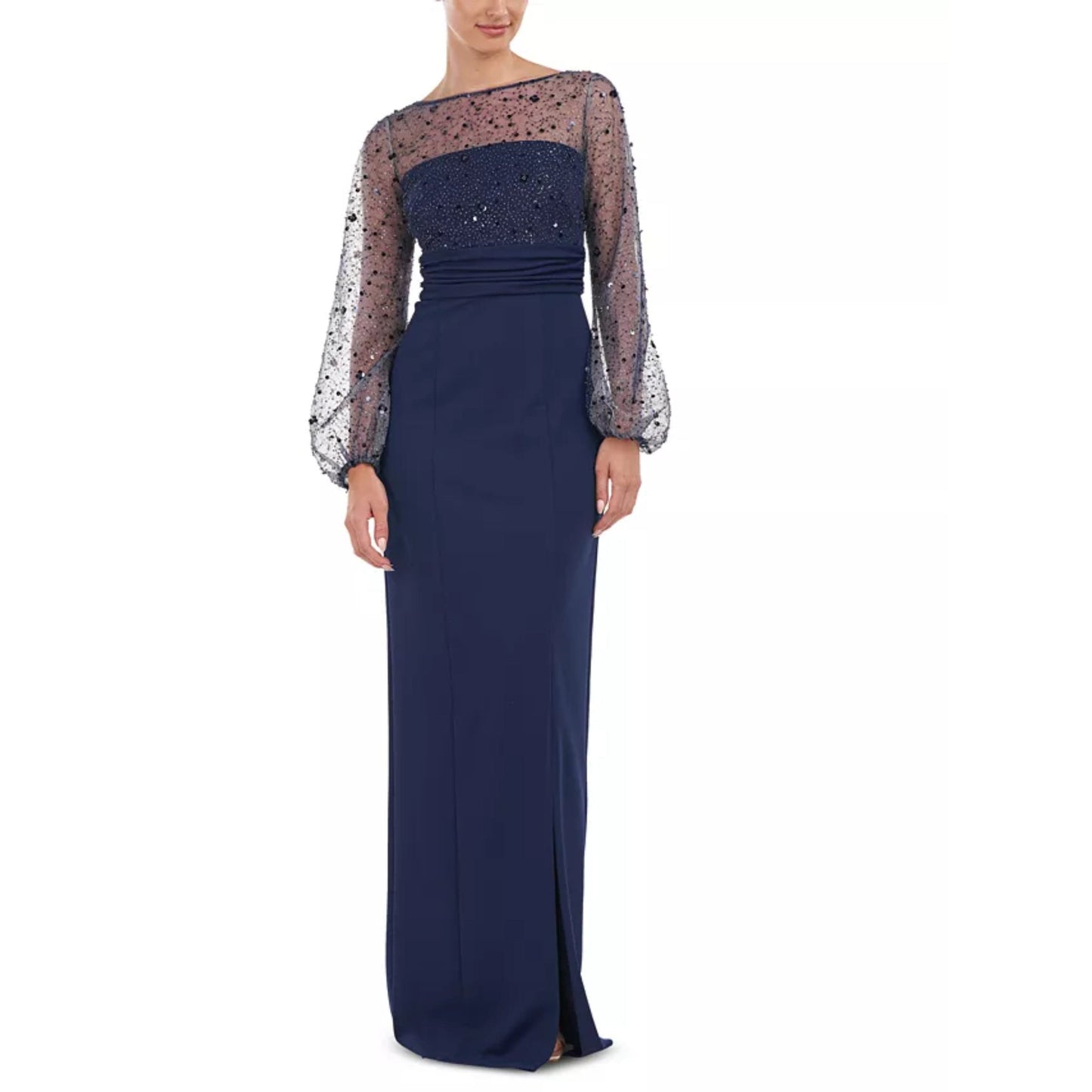 JS COLLECTIONS Womens Dress XL / Navy JS COLLECTIONS - Embellished Mesh Balloon-Sleeve Gown