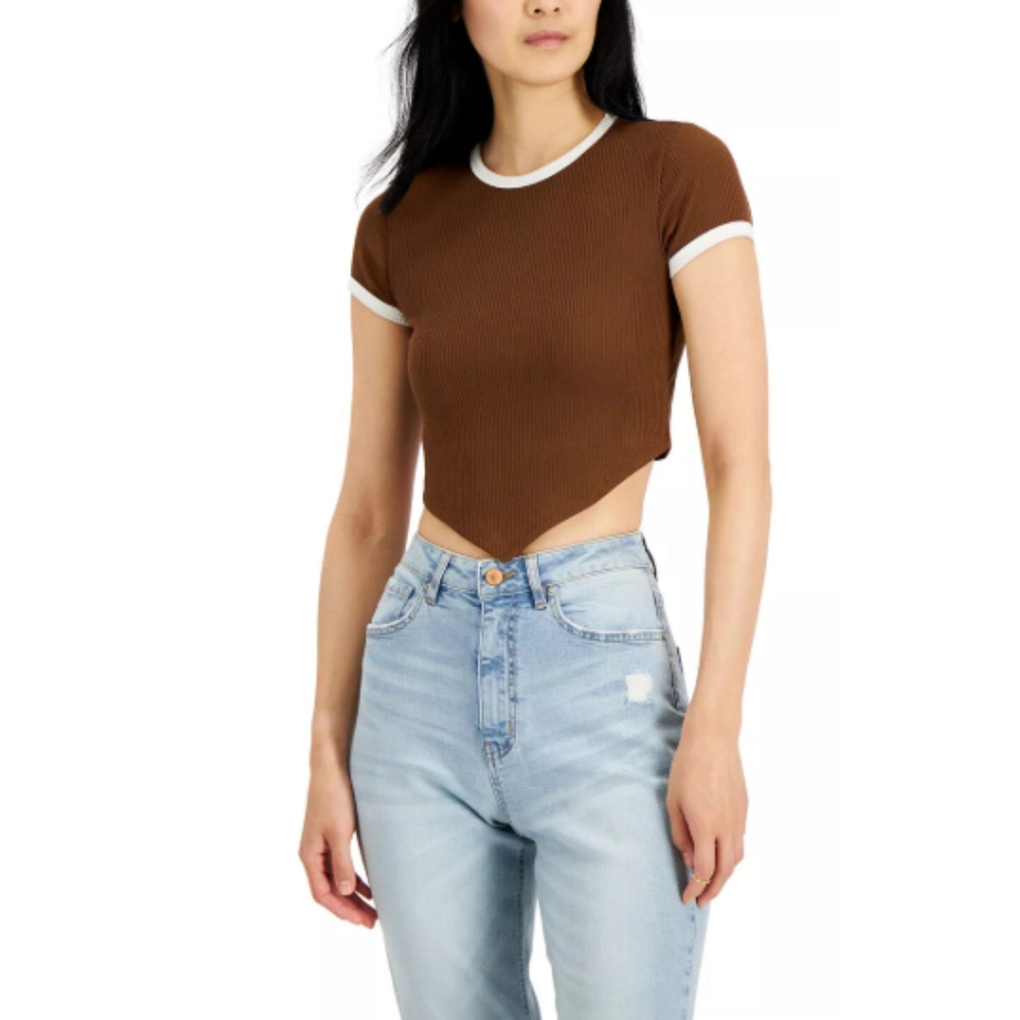 JUST POLLY Womens Tops XS / Brown JUST POLLY - Asymmetrical-Hem Ringer T-Shirt