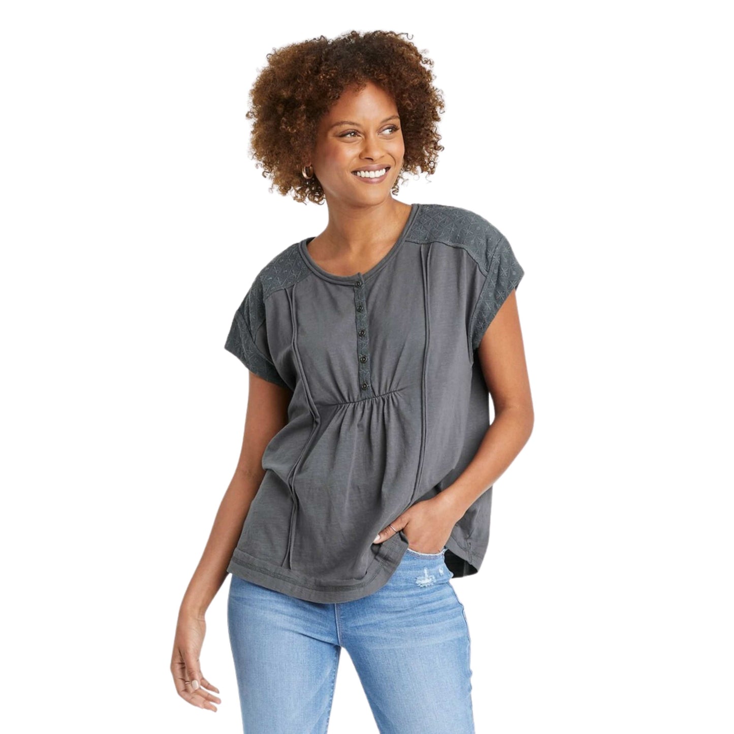 KNOX ROSE Womens Tops S / Grey KNOX ROSE - Short sleeve Henley blouse