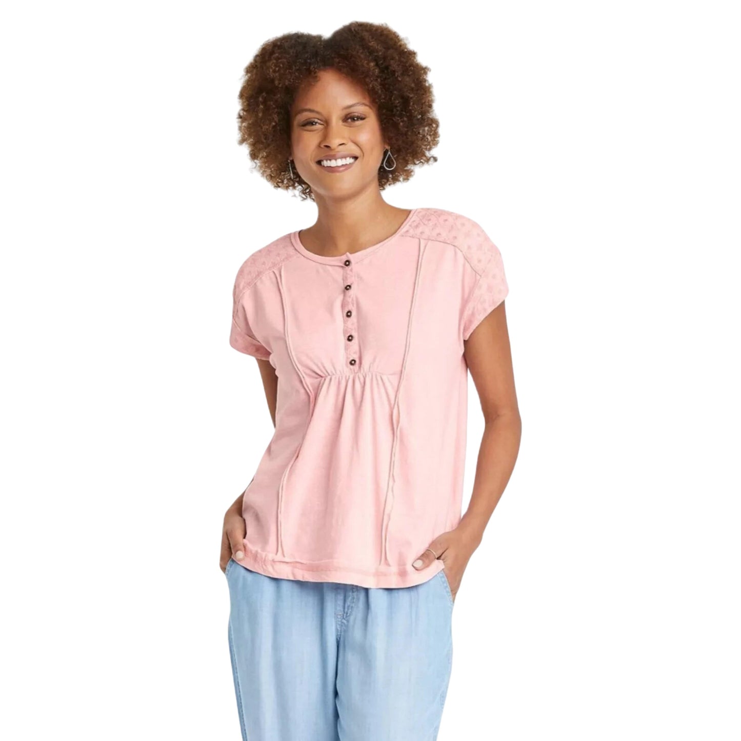 KNOX ROSE Womens Tops S / Pink KNOX ROSE - Short sleeve Henley blouse