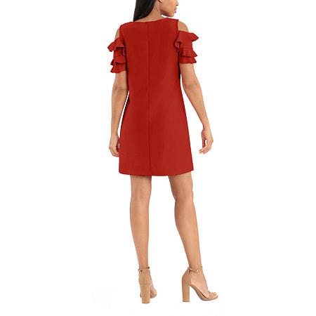 LONDON STYLE Womens Dress Petite L / Red LONDON STYLE - Short Ruffle Sleeve Cold Shoulder Shift Dress