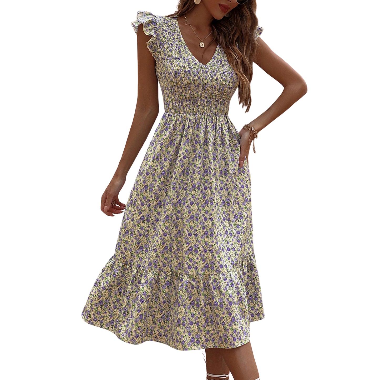 SHEIN - Floral Print Ruffle Hem Maxi Dress
