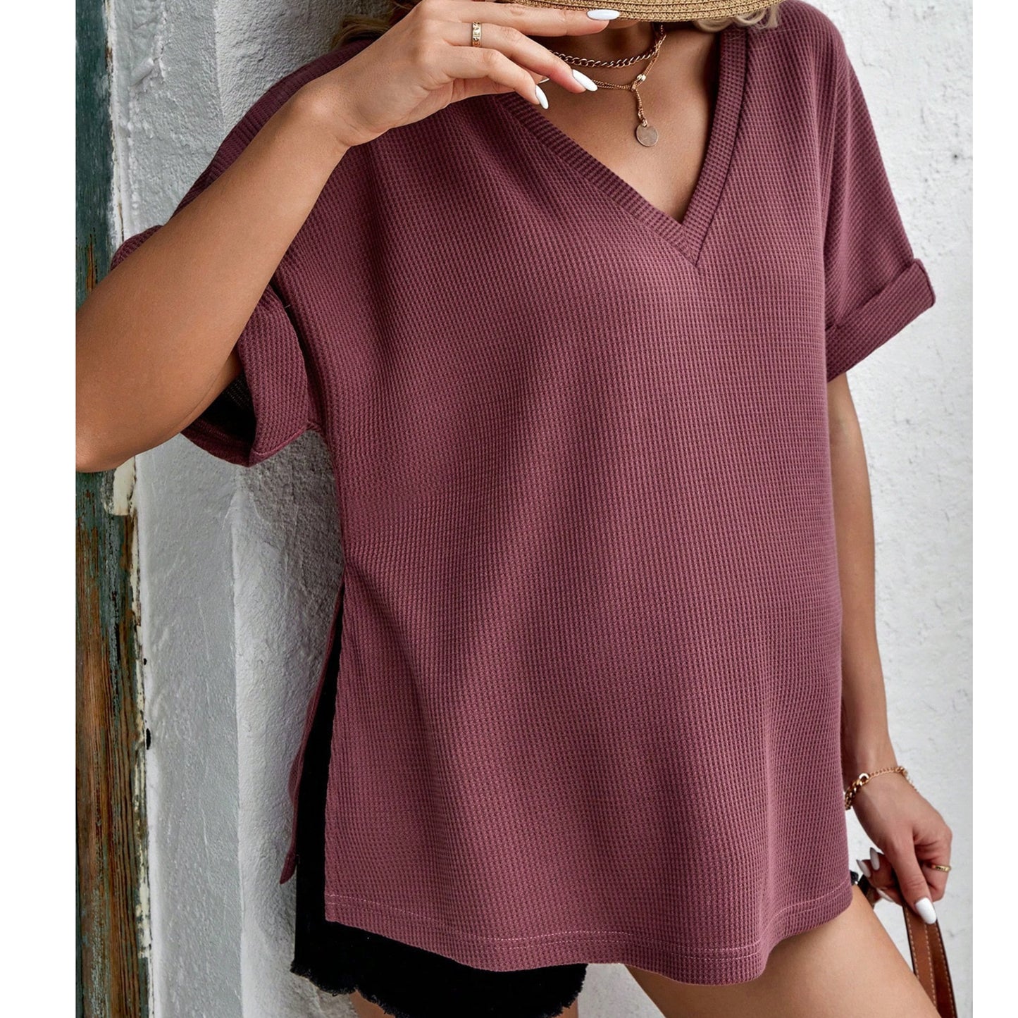 SHEIN - Maternity Waffle Knit Split Hem Batwing Sleeve T-Shirt