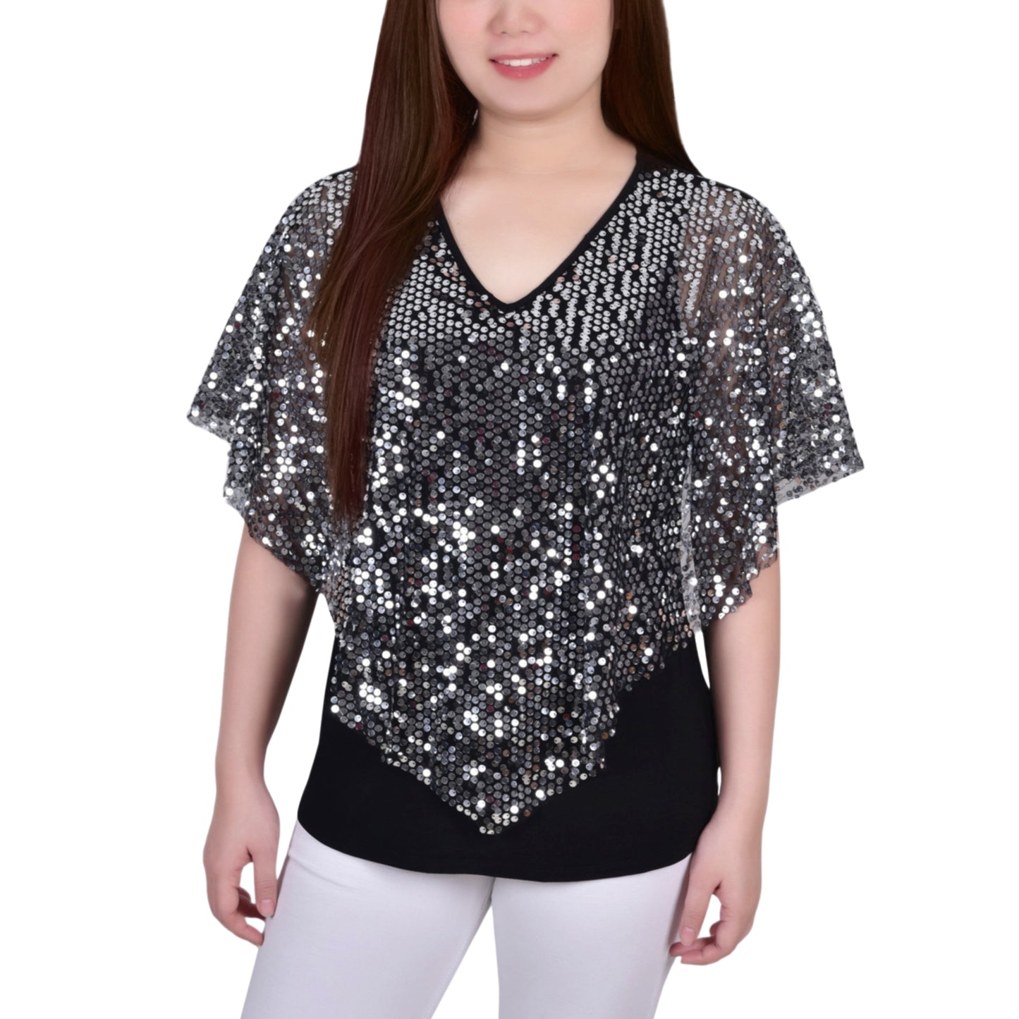 NY COLLECTION - Sequin-Front Poncho Top