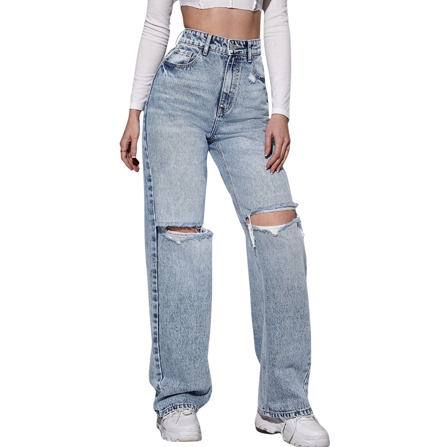 SHEIN - High Waist Ripped Wide Leg Jeans