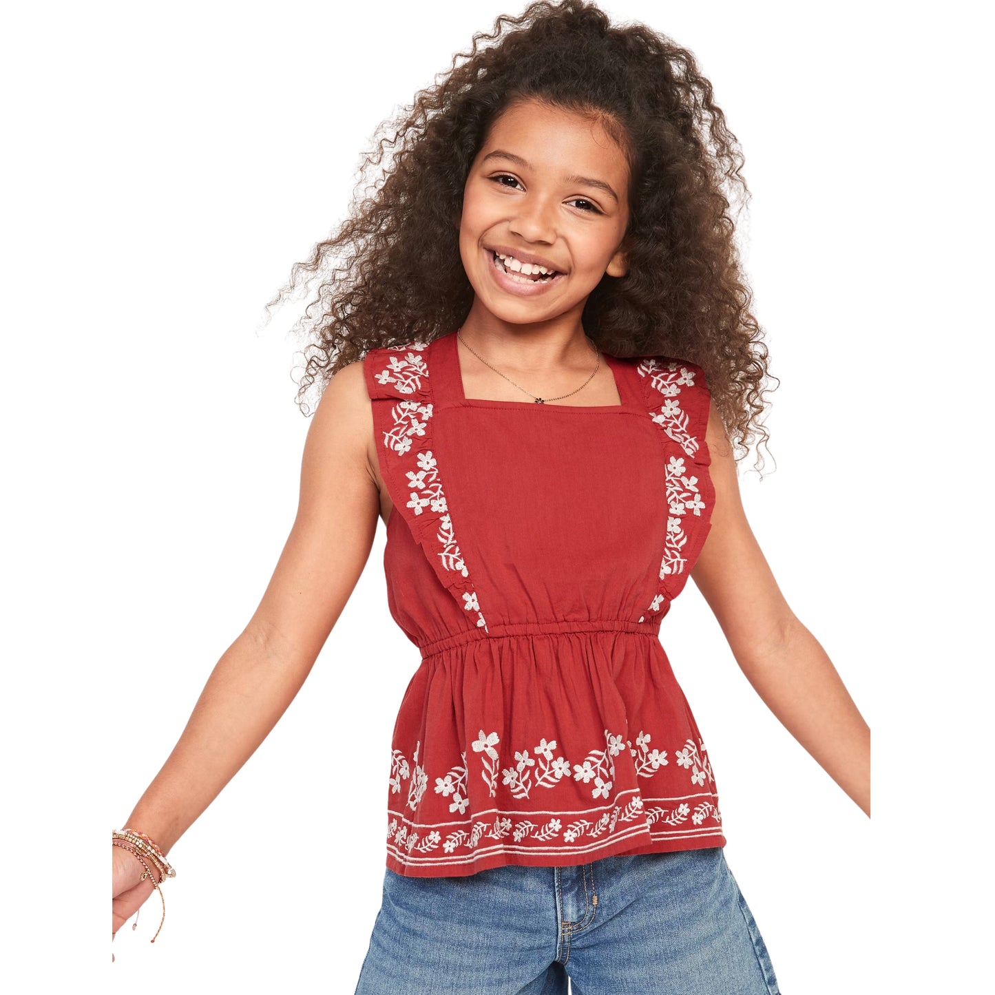 OLD NAVY -Sleeveless Matching Embroidery Ruffled Apron-Style Top