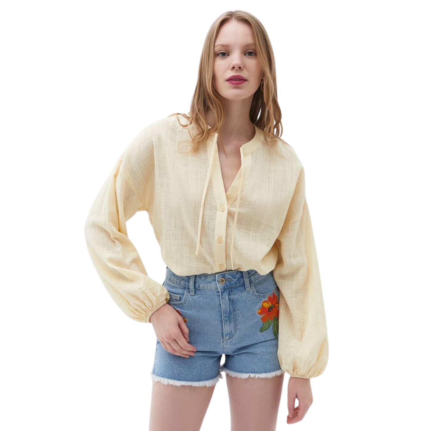OXXO Womens Tops M / Yellow OXXO - Balloon Sleeve Tied Shirt